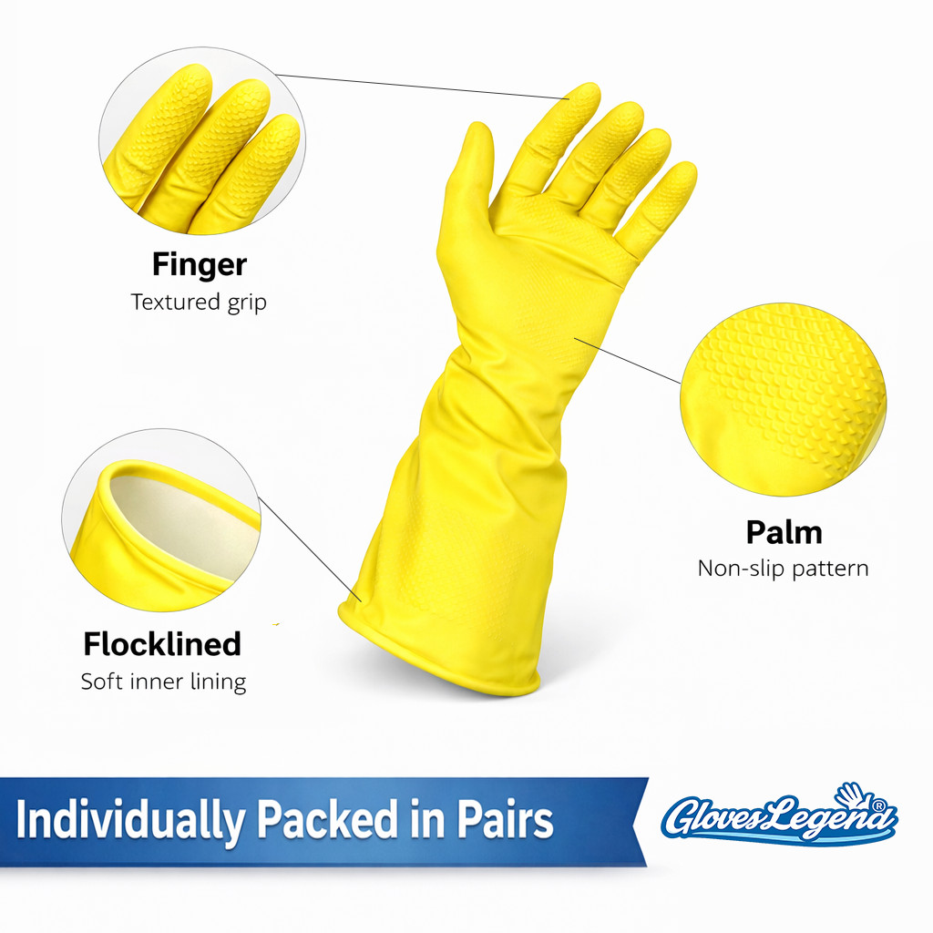 Yellow Latex Household Cleaning Dishwashing Gloves – 12 Pairs (24 Gloves) Medium