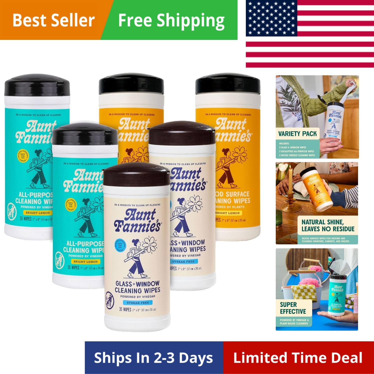 Natural Cleaning Wipes Variety Pack, Multipurpose Surface Cleaner, 35 Count E…