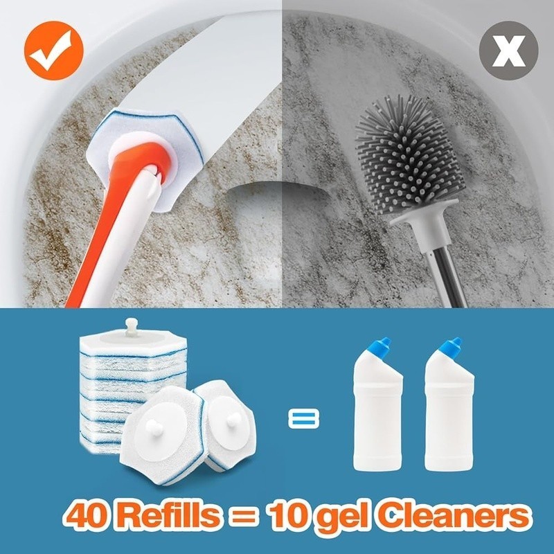 Disposable Toilet Brush 40 Refills Cleaning Kit Easy Use Multi Surface Cleaner