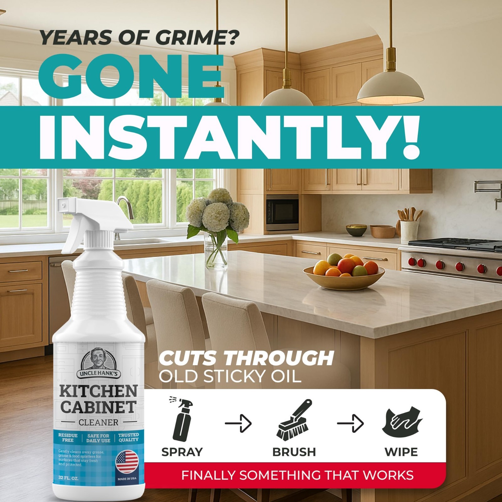 Gentle Kitchen Cabinet Cleaner – Residue-Free Degreaser & Grime Remover 32oz