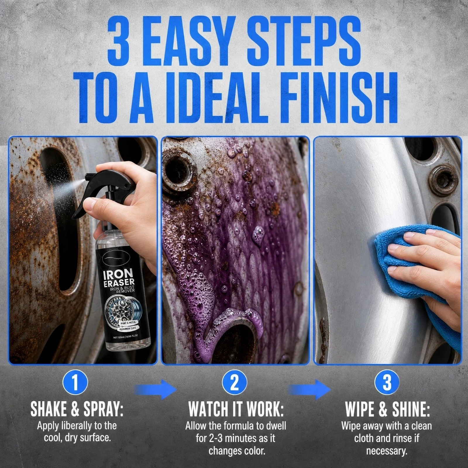 Iron Eraser Rust Remover Spray, Car Wheel Paint Brake Dust Fast Cleaner 120ml