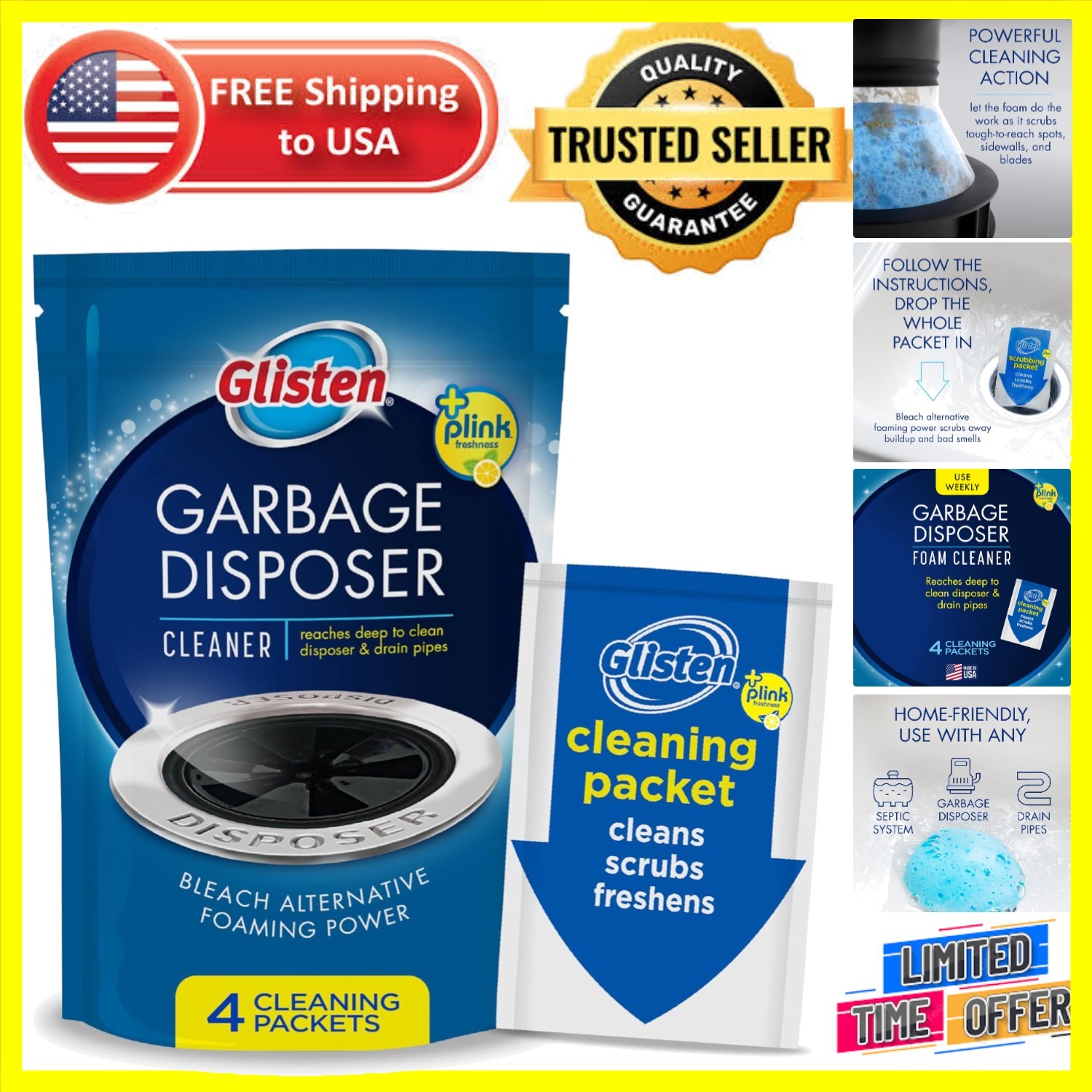 4.9 Oz Biodegradable Garbage Disposal Cleaner in Lemon Scent – 4 Uses Per Pack