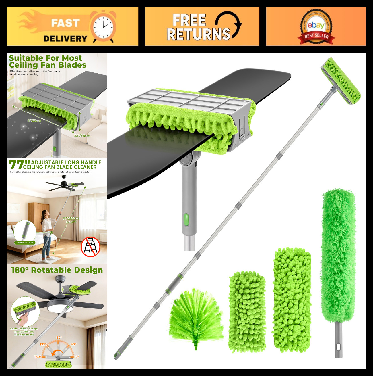 Ceiling Fan Cleaner Duster with 77″ Pole, 4-in-1 Microfiber & Chenille Tool, Ben
