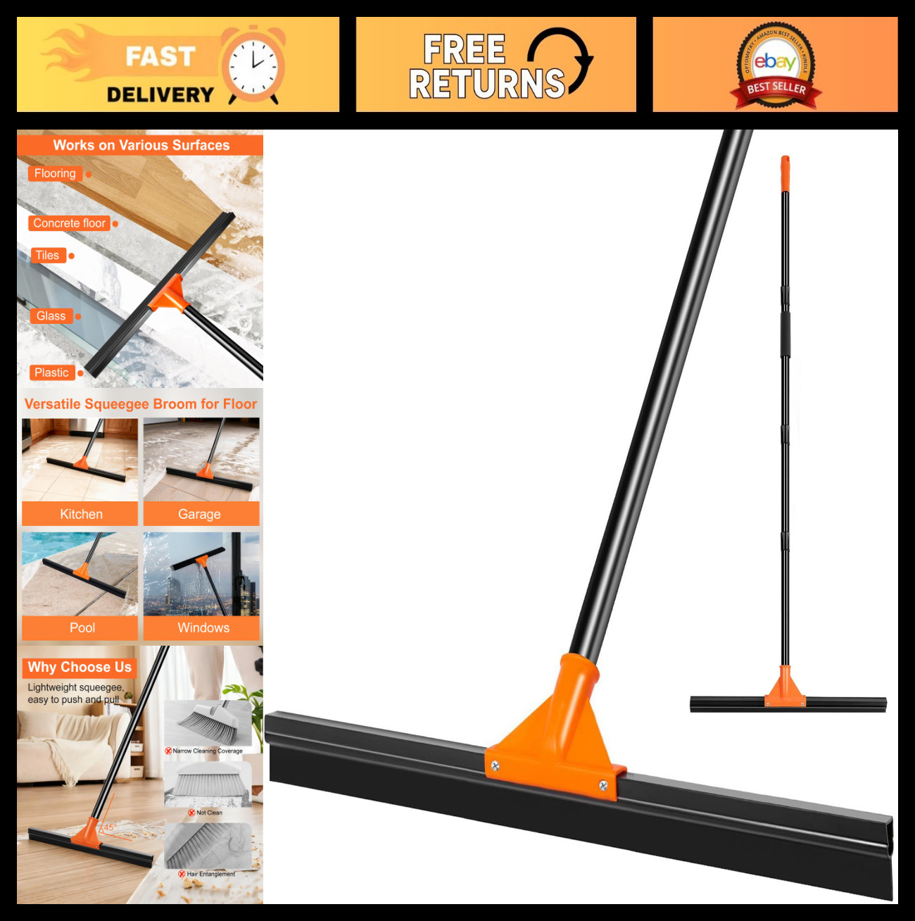 Heavy Duty 18″ Floor Squeegee with Long Handle – Rubber Wiper for Concrete, Tile