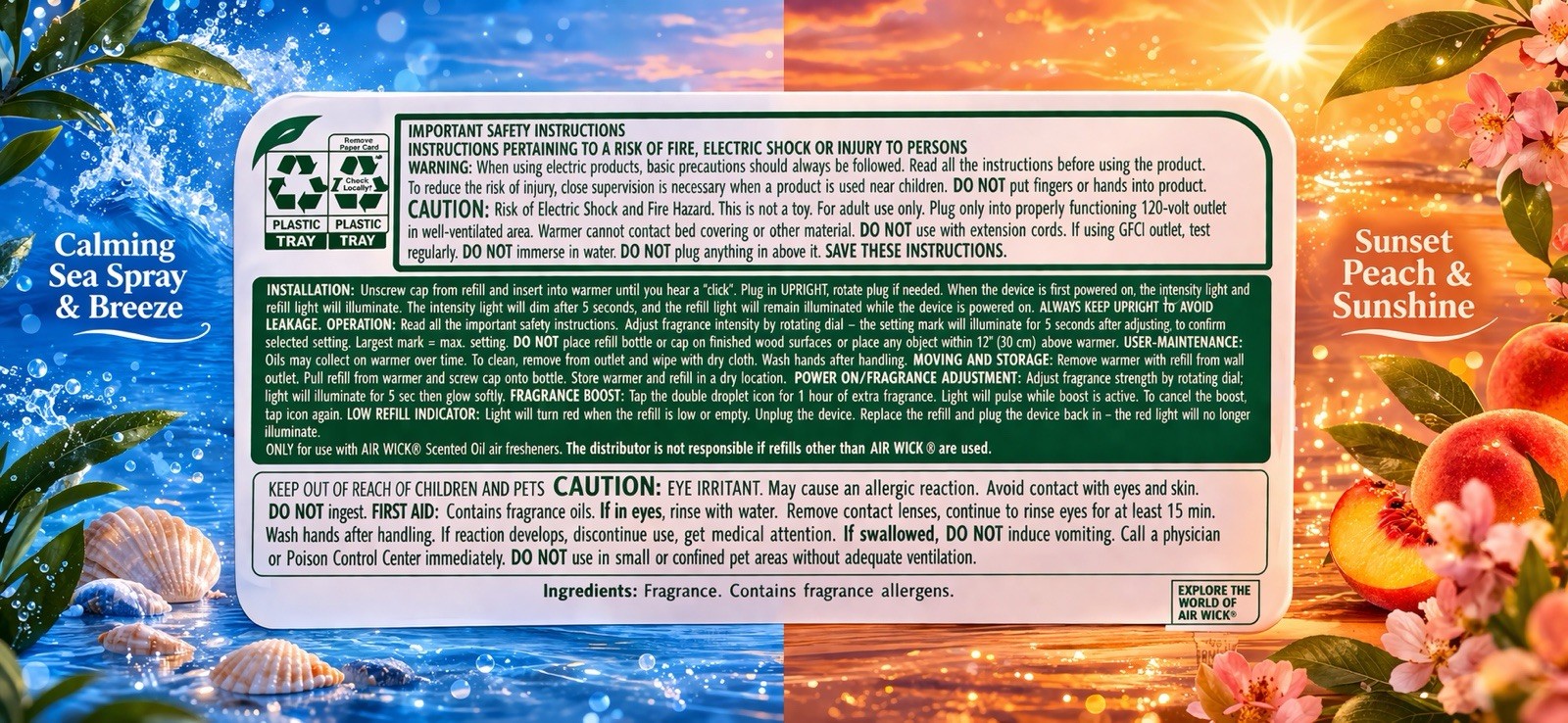 AIR WICK – 3 Calming Sea Spray & Breeze AND 3 Sweet Peach & Sunrise AND Plug-In