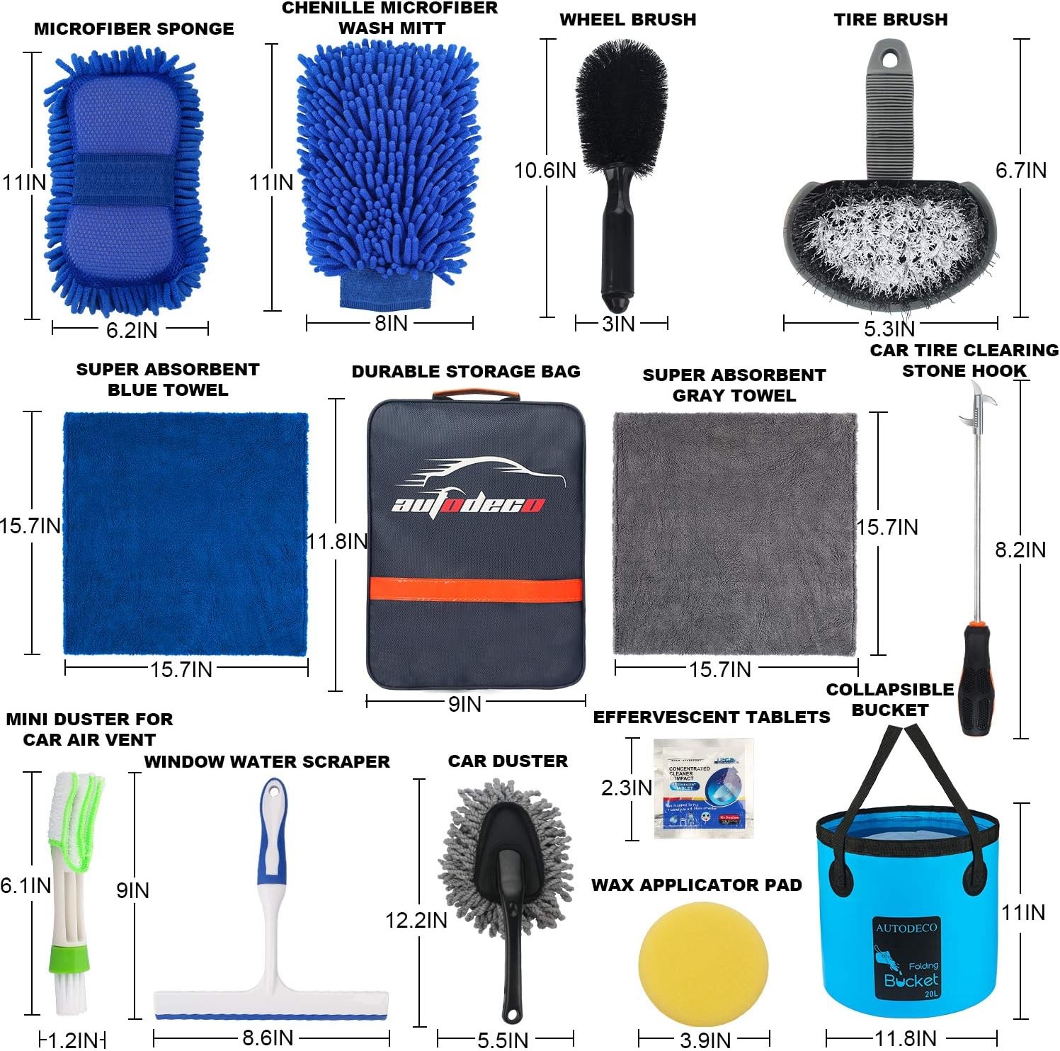 AUTODECO 22Pcs Car Wash Cleaning Tools Kit Car Detailing Set with Blue Canvas Ba