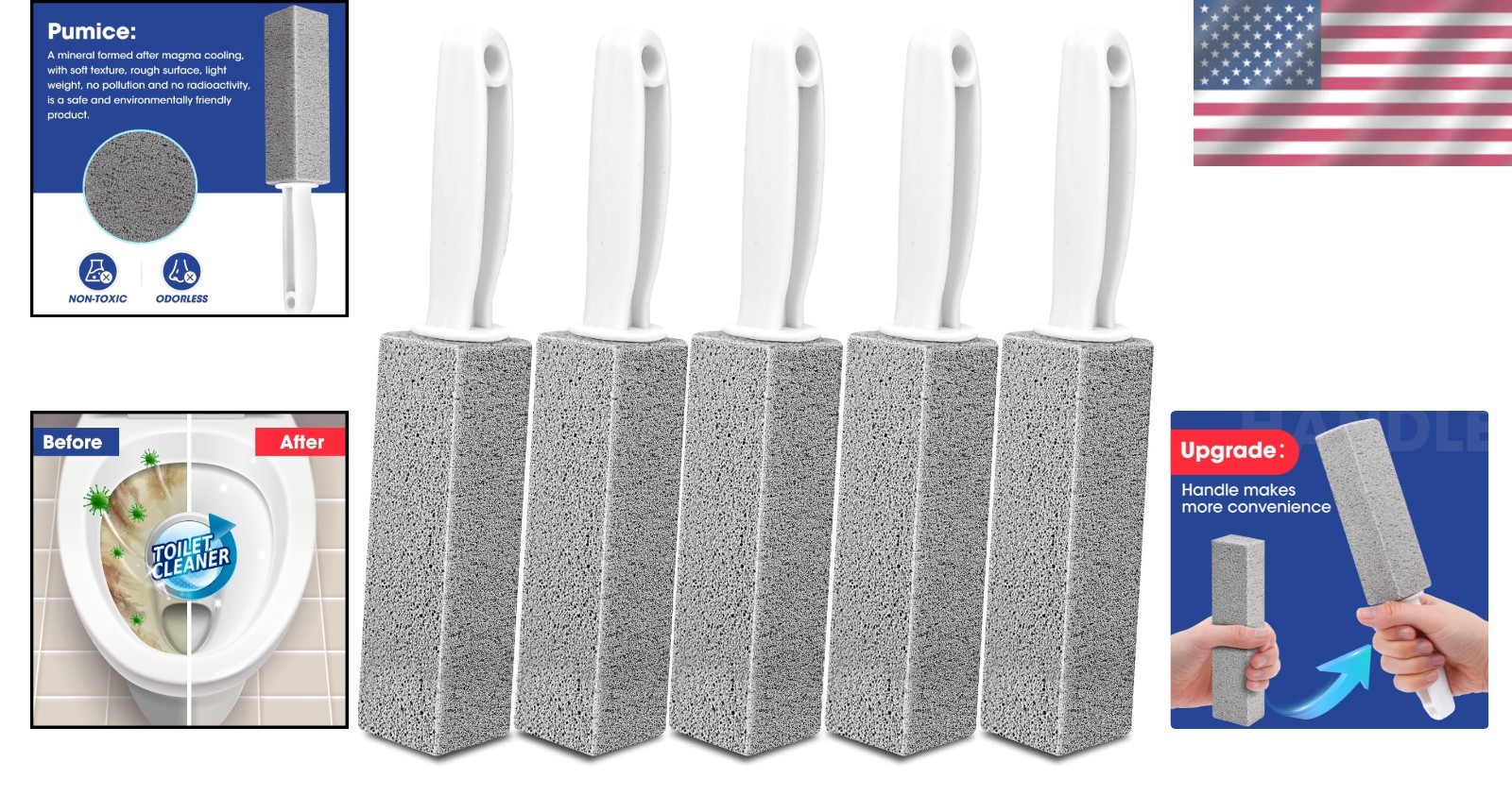 5 Pack Pumice Stone for Cleaning, Pumie Scouring Stick with Handle, Pumice Stone