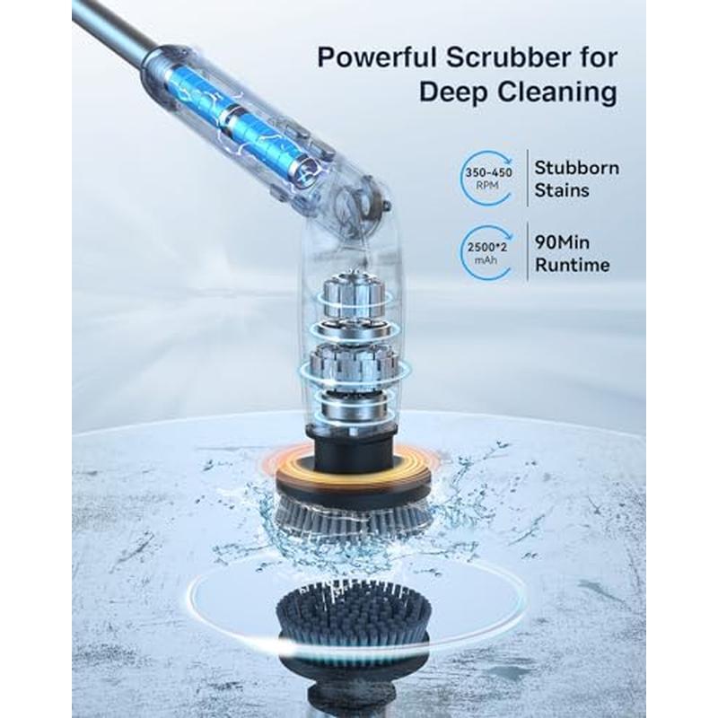 Electric Spin Scrubber W/ Adjustable Angles Remote Control 8 Brush Heads Durable
