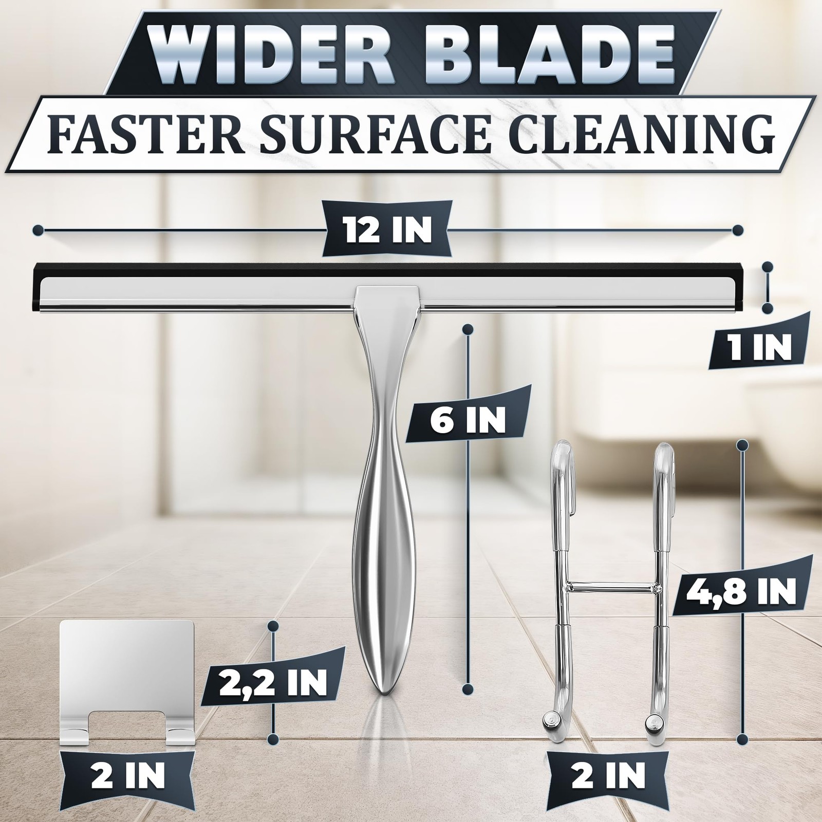 12″ Silver Shower Door Squeegee – Stainless Steel Shower Squeegee for Streak-…