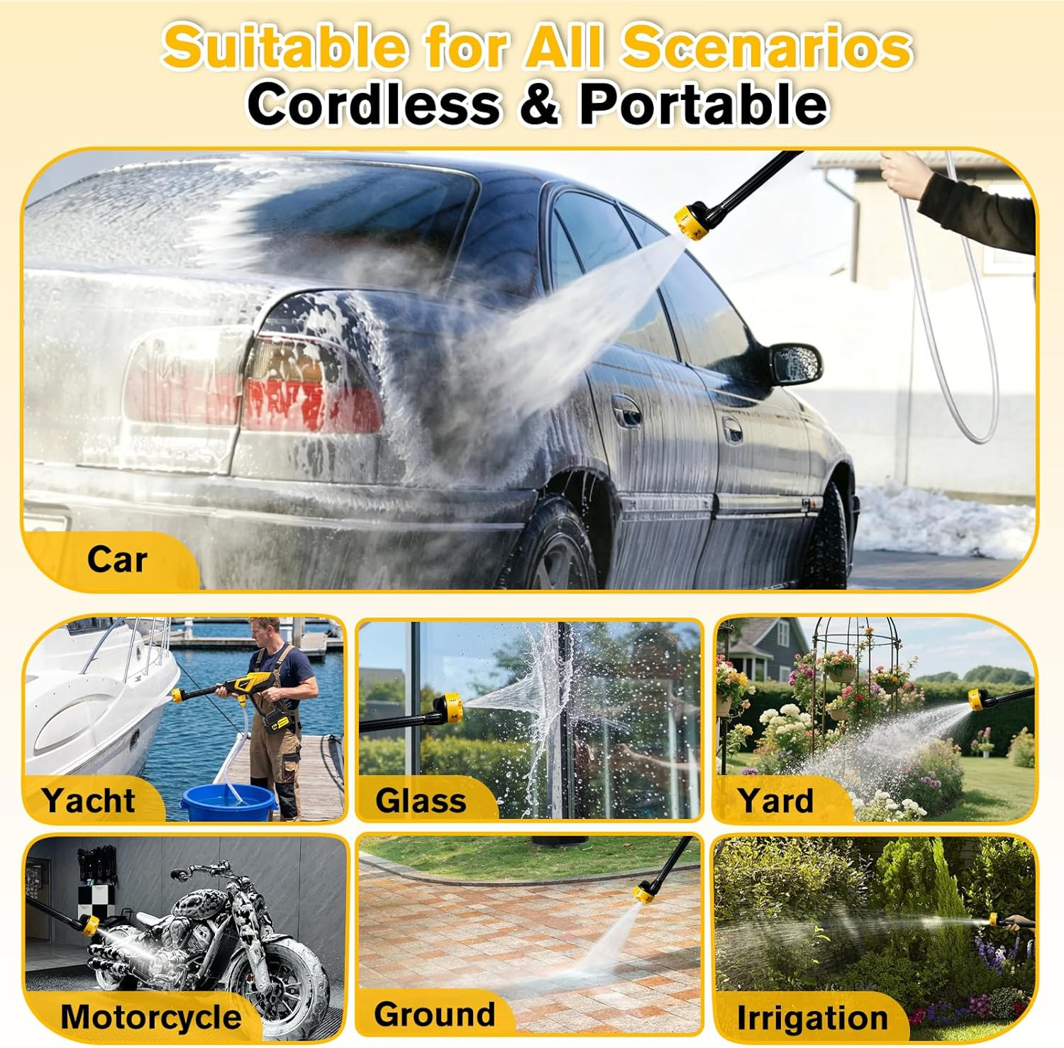 Cordless Portable Pressure Washer 6-in-1 Nozzle Foam Cannon Handheld Car Cleaner