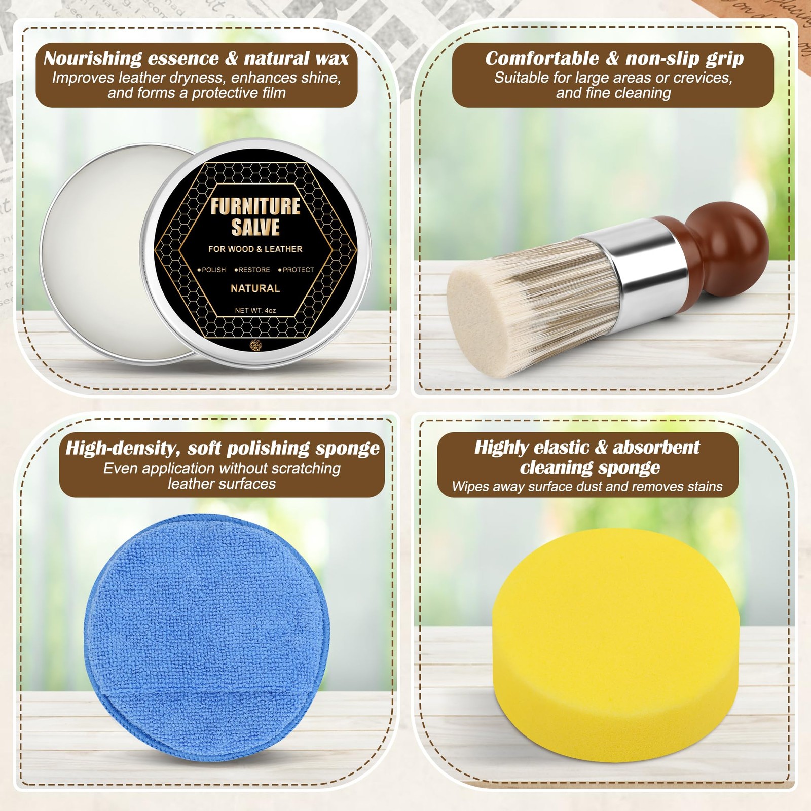 1+3 Furniture Salve for Leather & Wood with Brush Set, Cream & Wax Restorer f…