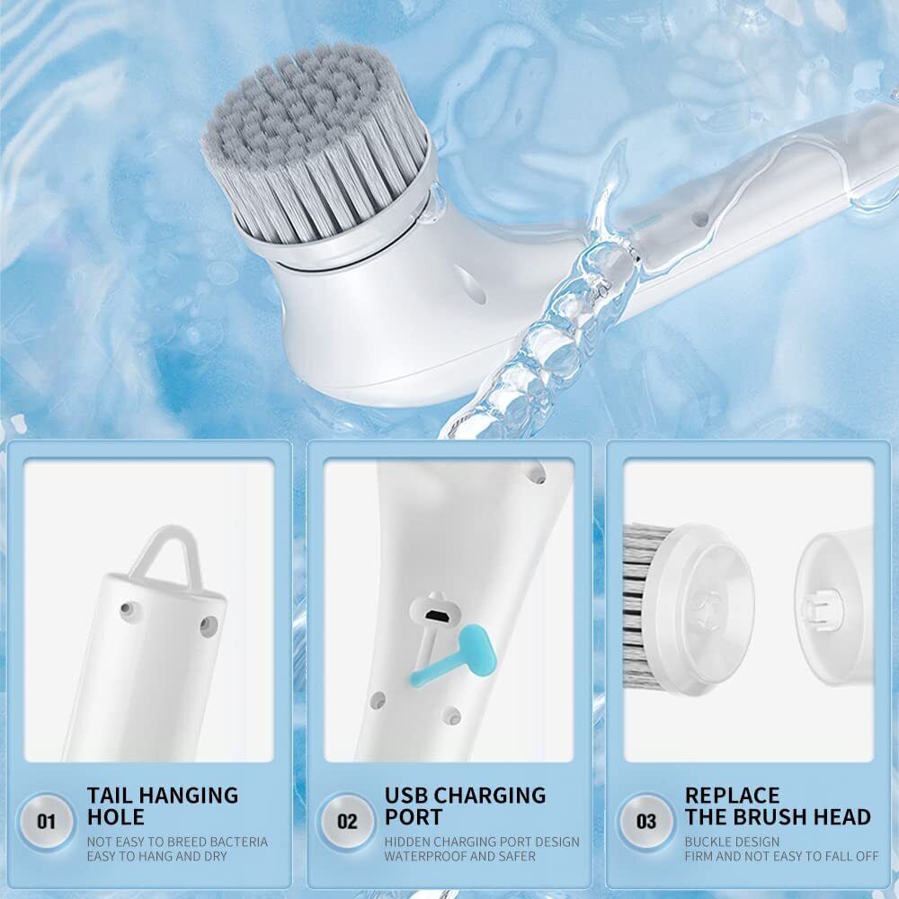 Cordless Electric Spin Scrubber, Rechargeable Turbo Cleaner with 5 Brush Heads