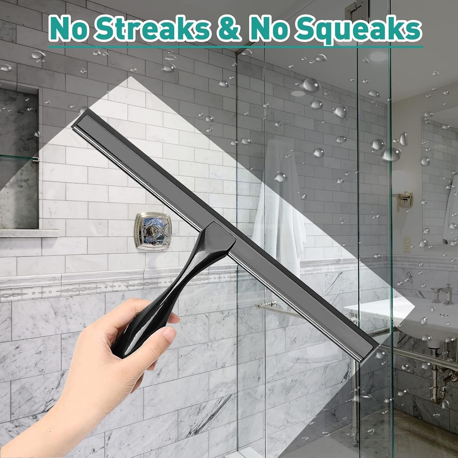 All-Purpose 14-Inch Shower Squeegee with Matte Black Finish & Hooks Included