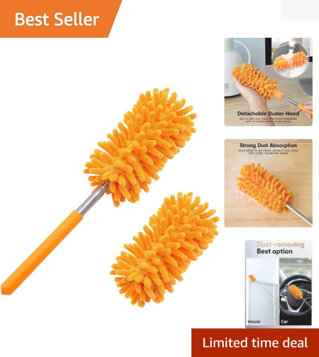 Extendable Microfiber Duster with 2 Replaceable Heads for Multi-Surface Cleaning