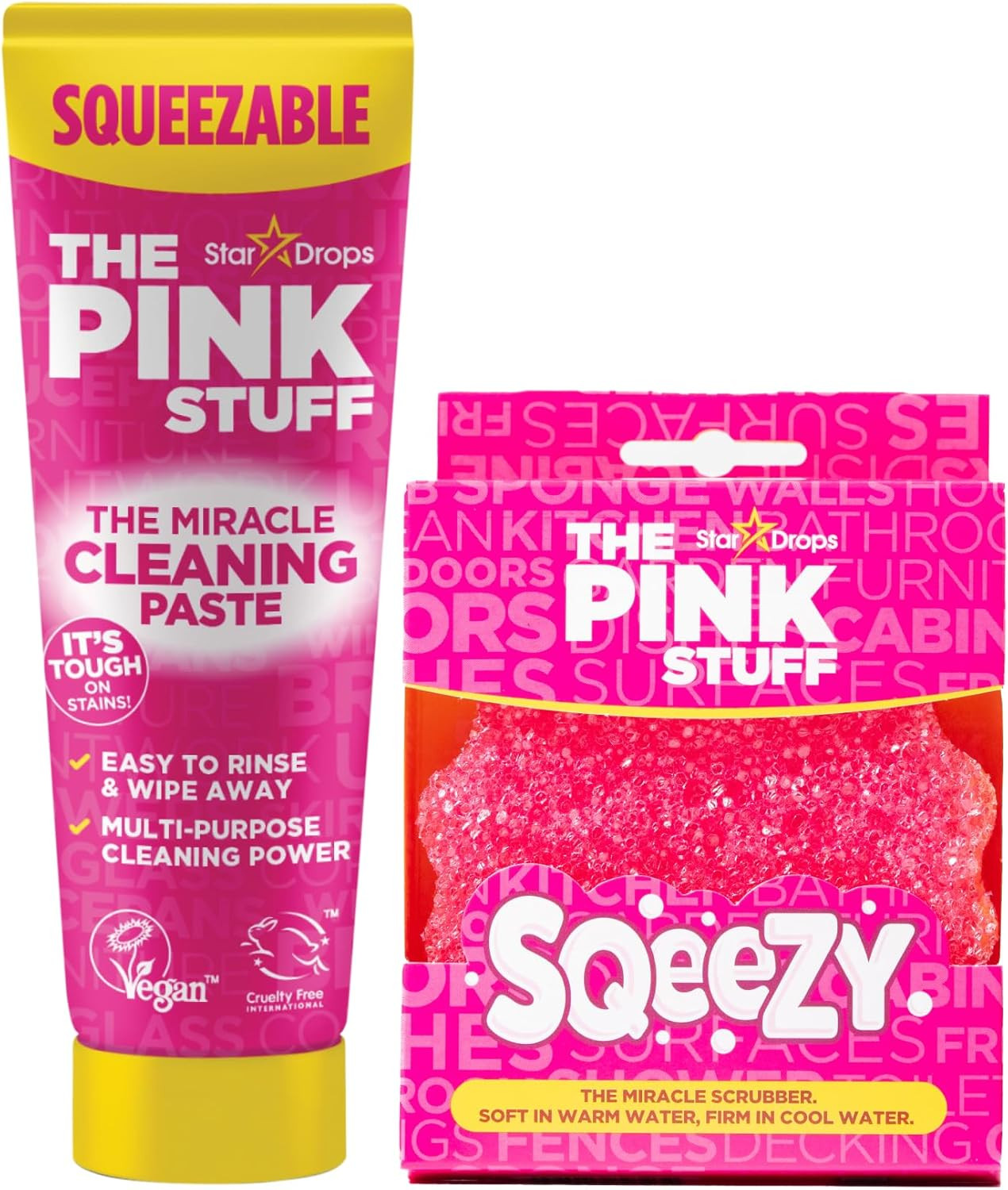 The Pink Stuff Squeezable Cleaning Paste 300G with Sqeezy Scrubber Sponge | Powe
