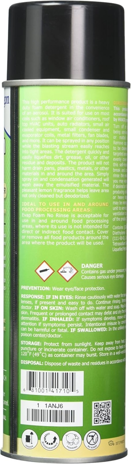 Evap Foam No Rinse Coil Cleaner, 18 Oz – Heavy Duty Lemon Scented Degreaser