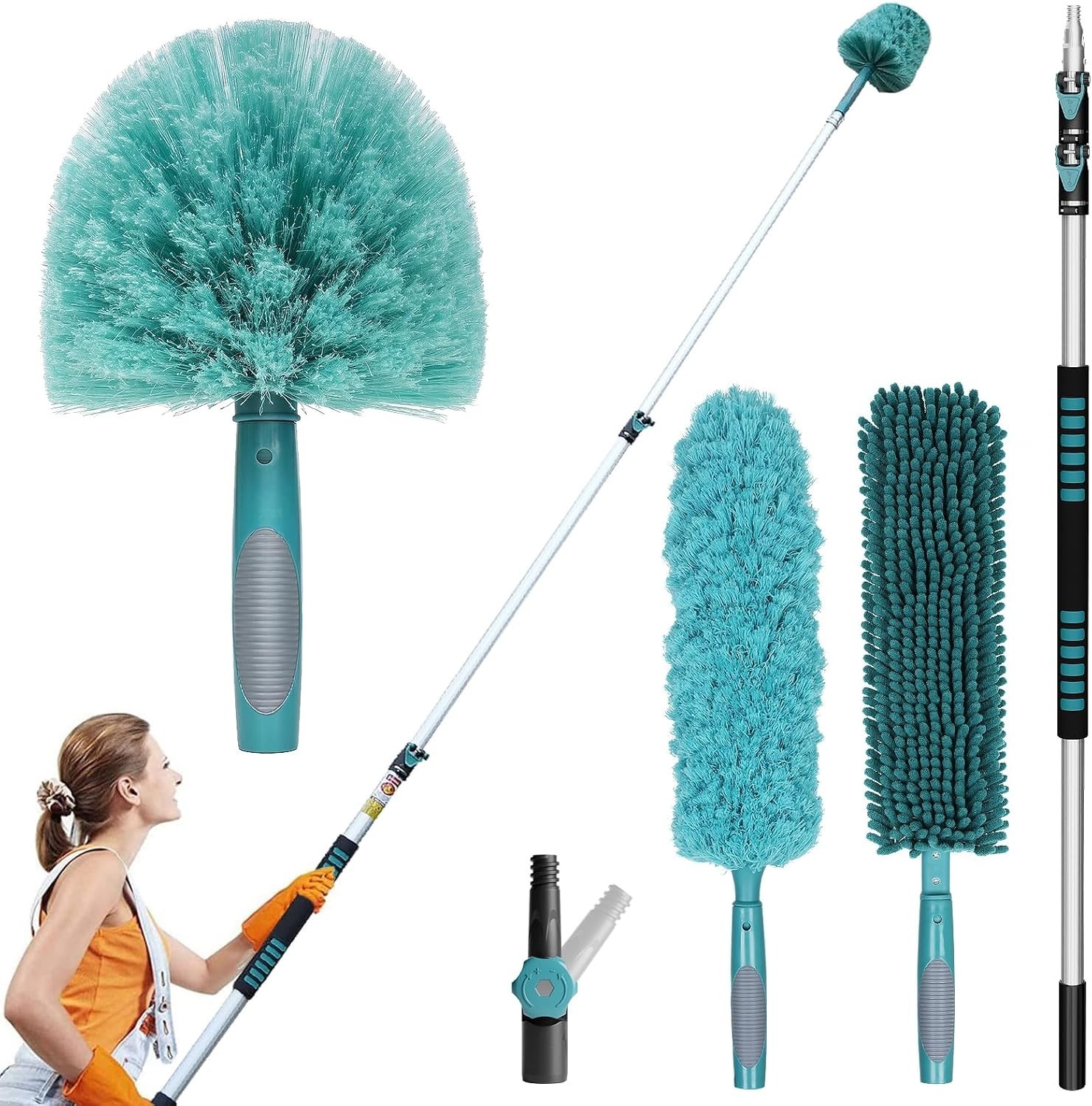 20FT High-Reach Duster Kit – Extendable Pole, Cobweb & Ceiling Fan Cleaners, Mic