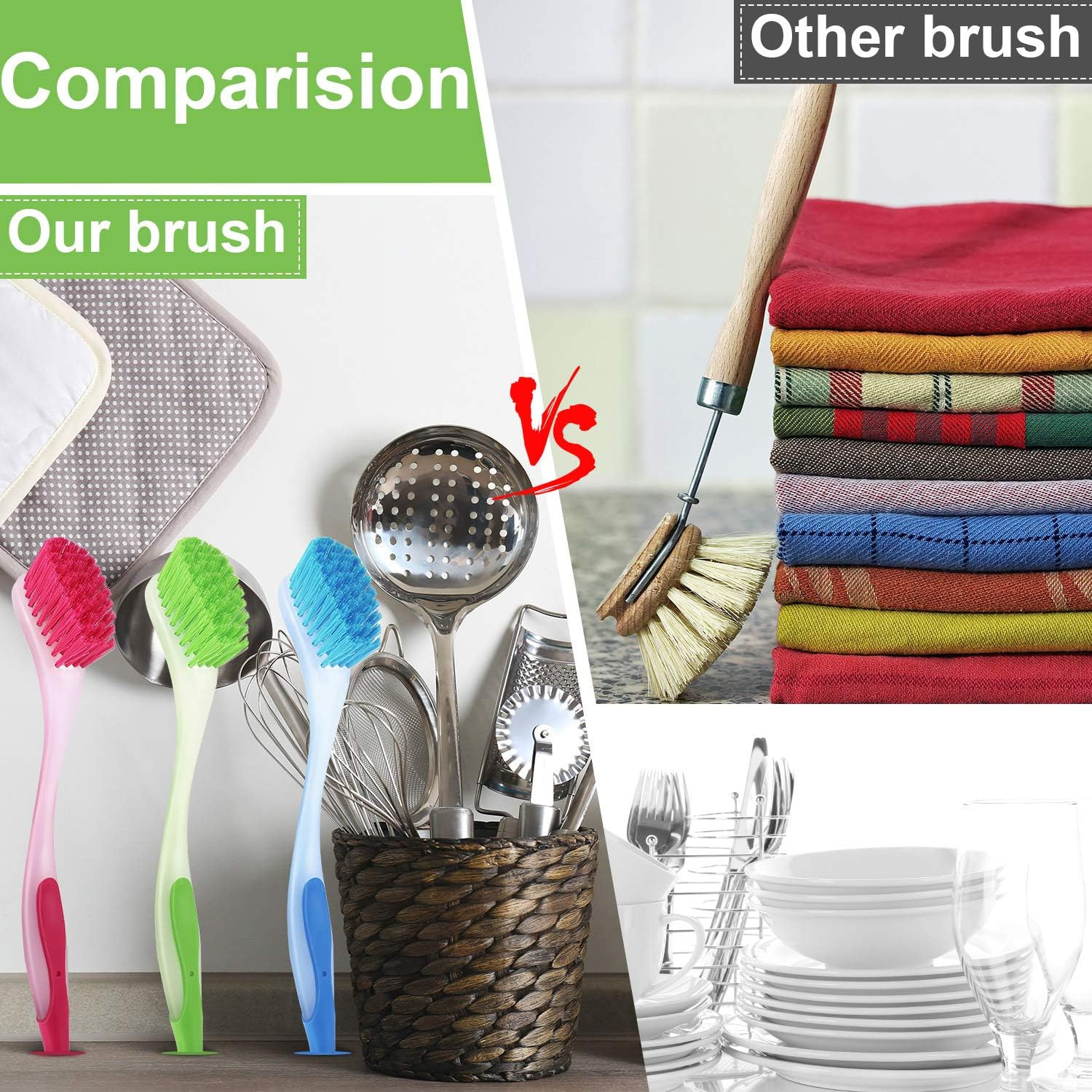5 Pieces Long Dish Brush with Handle Assorted Color Dishwashing Brush with Sucti
