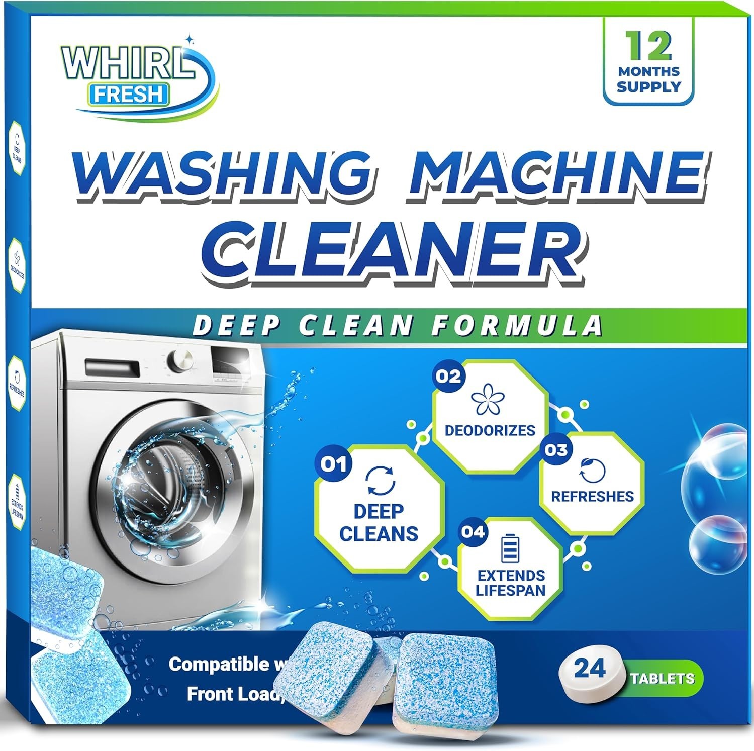 Washing Machine Cleaner Tablets – 24 Pack – Deep Cleaning Descaler & Deodorizer