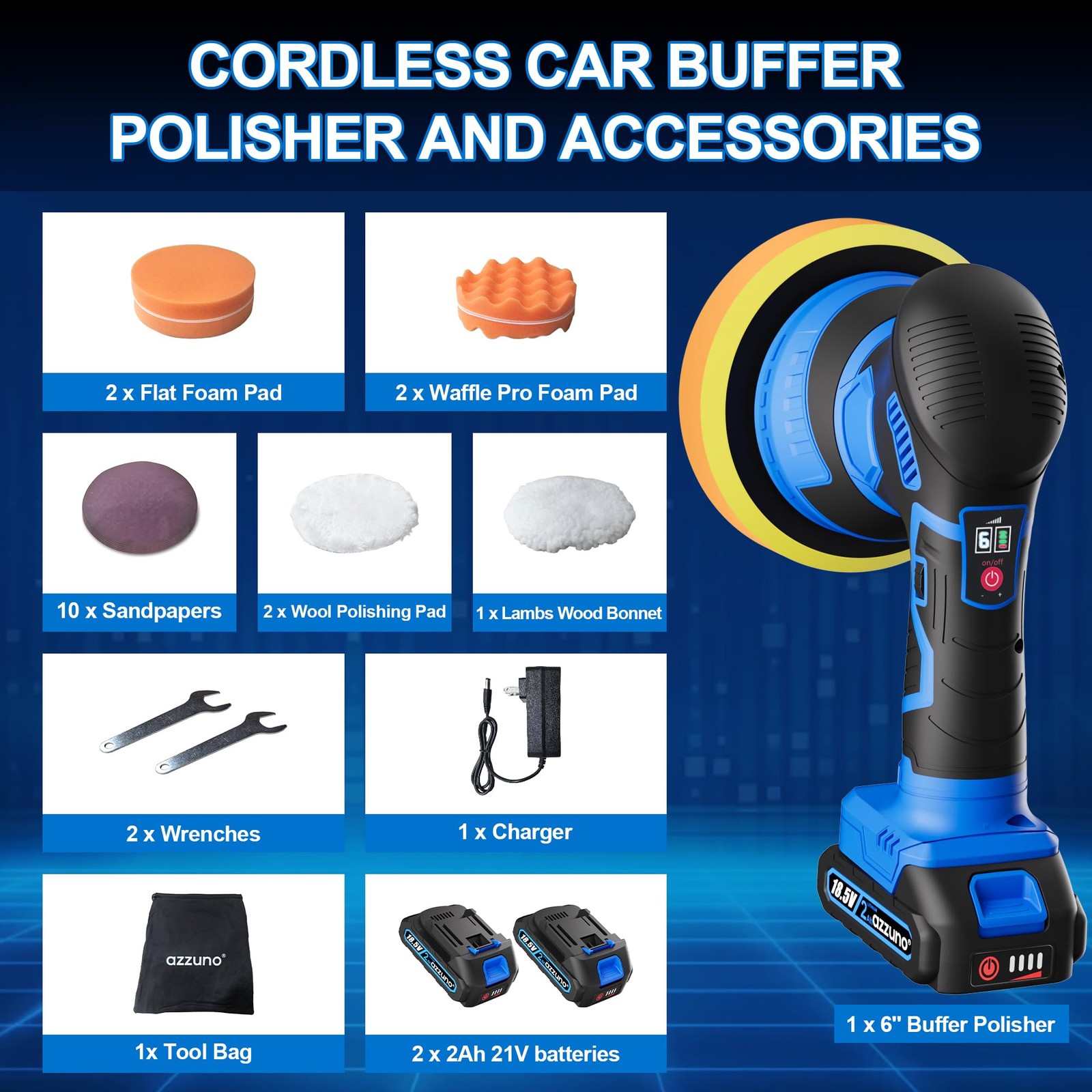 Cordless Car Buffer Polisher, 2x2Ah 21V Batteries 6” Car buffer Waxer Kit, 6…