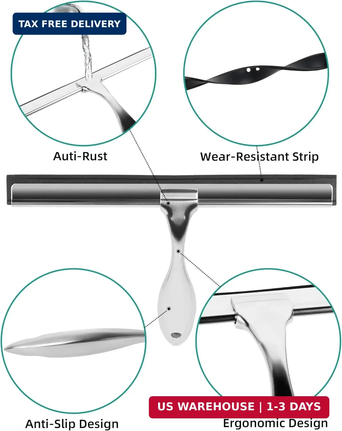 All-Purpose Stainless Steel Shower Squeegee Come with S Hook, 2 Square Sticky Ho
