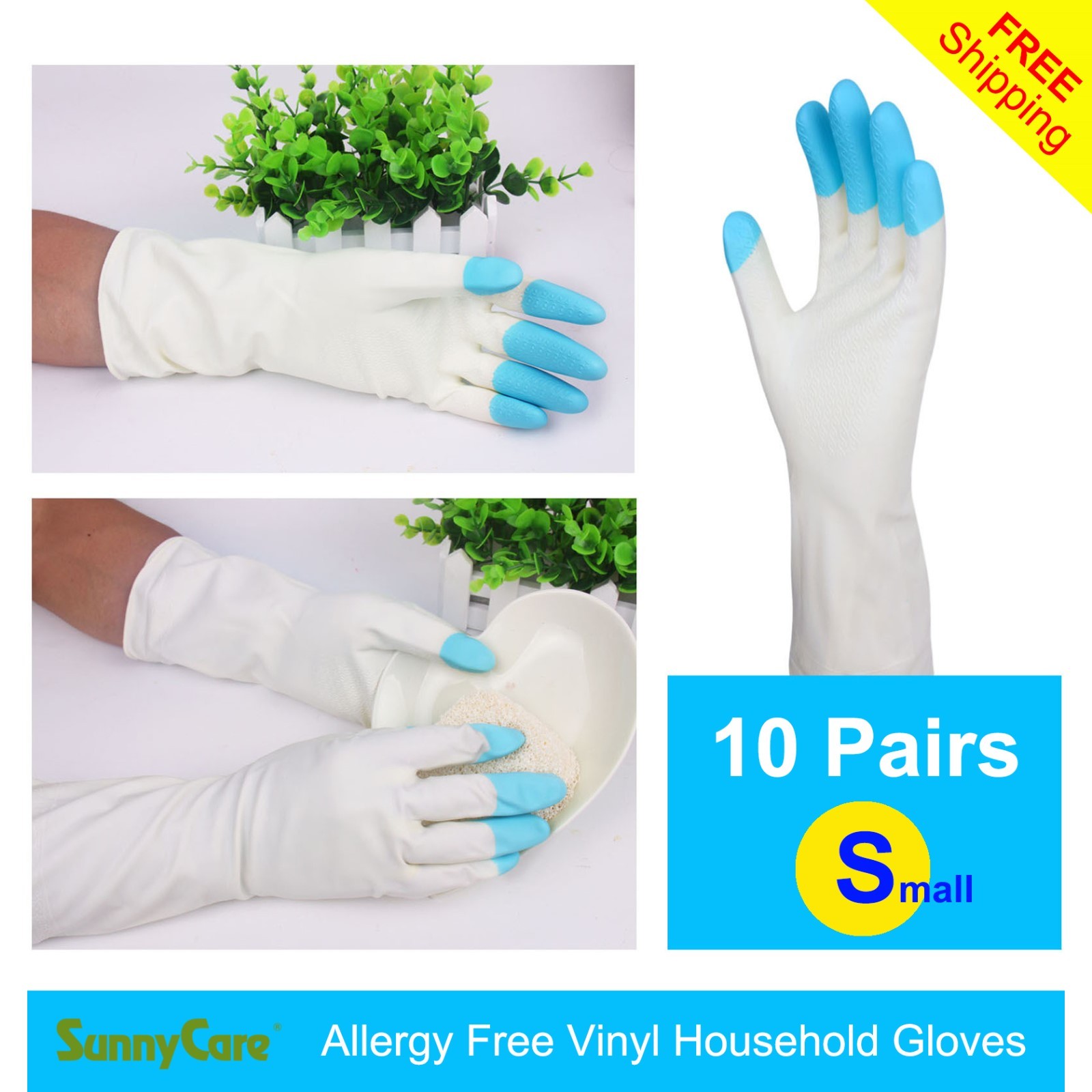 10Pairs SunnyCare Heavy Duty Household Cleaning Vinyl Gloves 13” S (Latex Free)