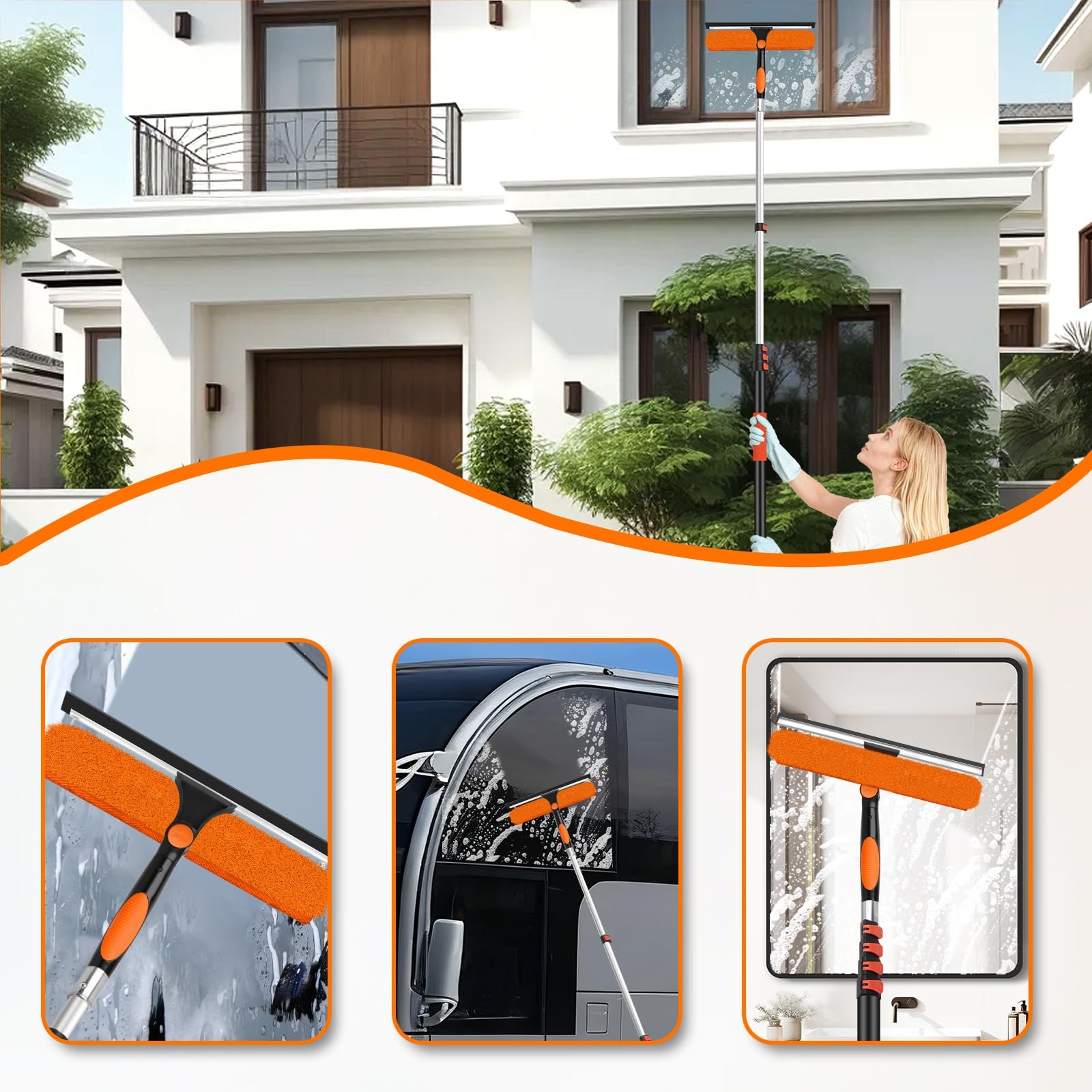 26FT Telescoping Window Cleaning Kit with Squeegee & Scrubber for High Windows