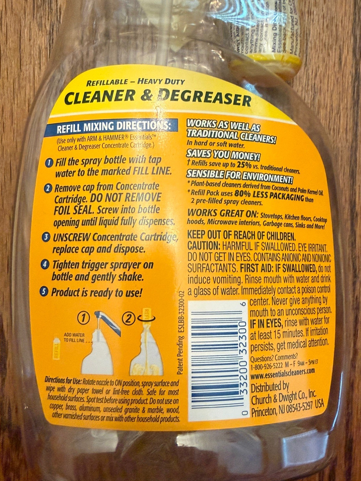 Arm & Hammer Essentials Refillable Cleaner & Degreaser Bottle + 5 Refills ~ NOS