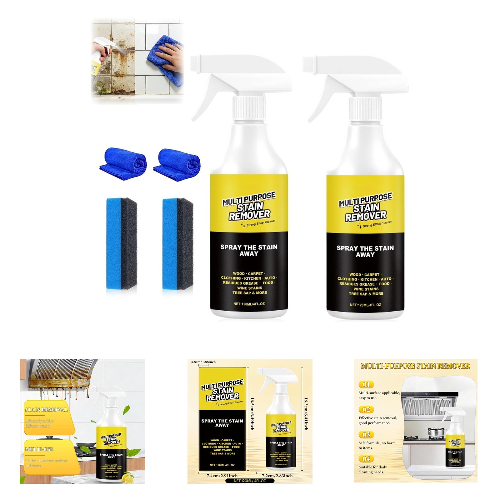Multi Purpose Stain Remover Foam Cleaner Spray 2PCS Kitchen Bathroom Floors