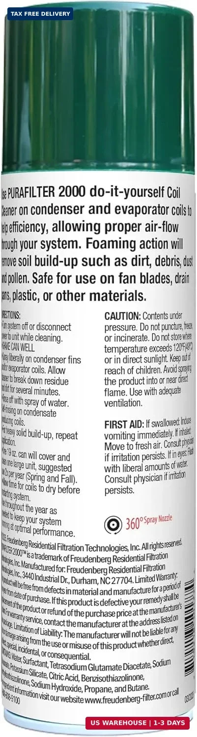 PURAFILTER 2000 Coil Cleaner Foaming Spray | Use on AC HVAC Condensers and Evapo