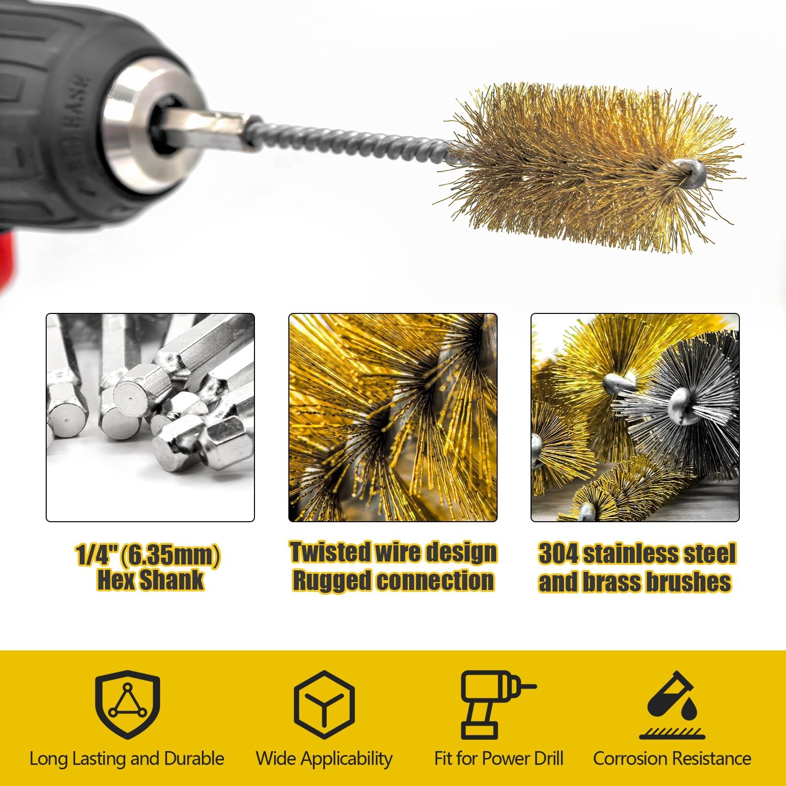 8 Pc Bore Brush Set Stainless Steel Brass 1/4 Hex Shank Drill Cleaning