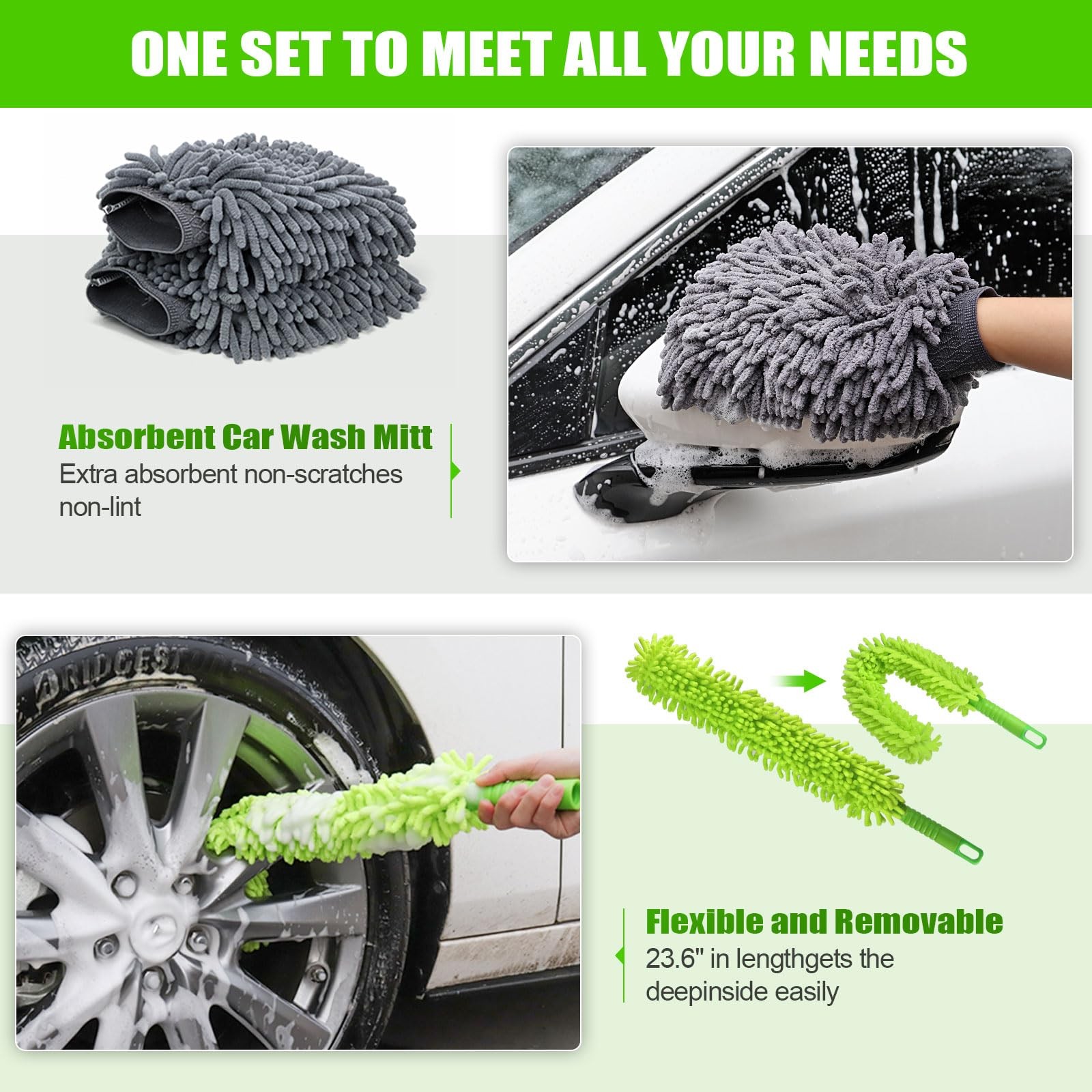 62” Car Wash Brush with Long Handle Mop Mitt Chenille Cleaning Kits Windshield