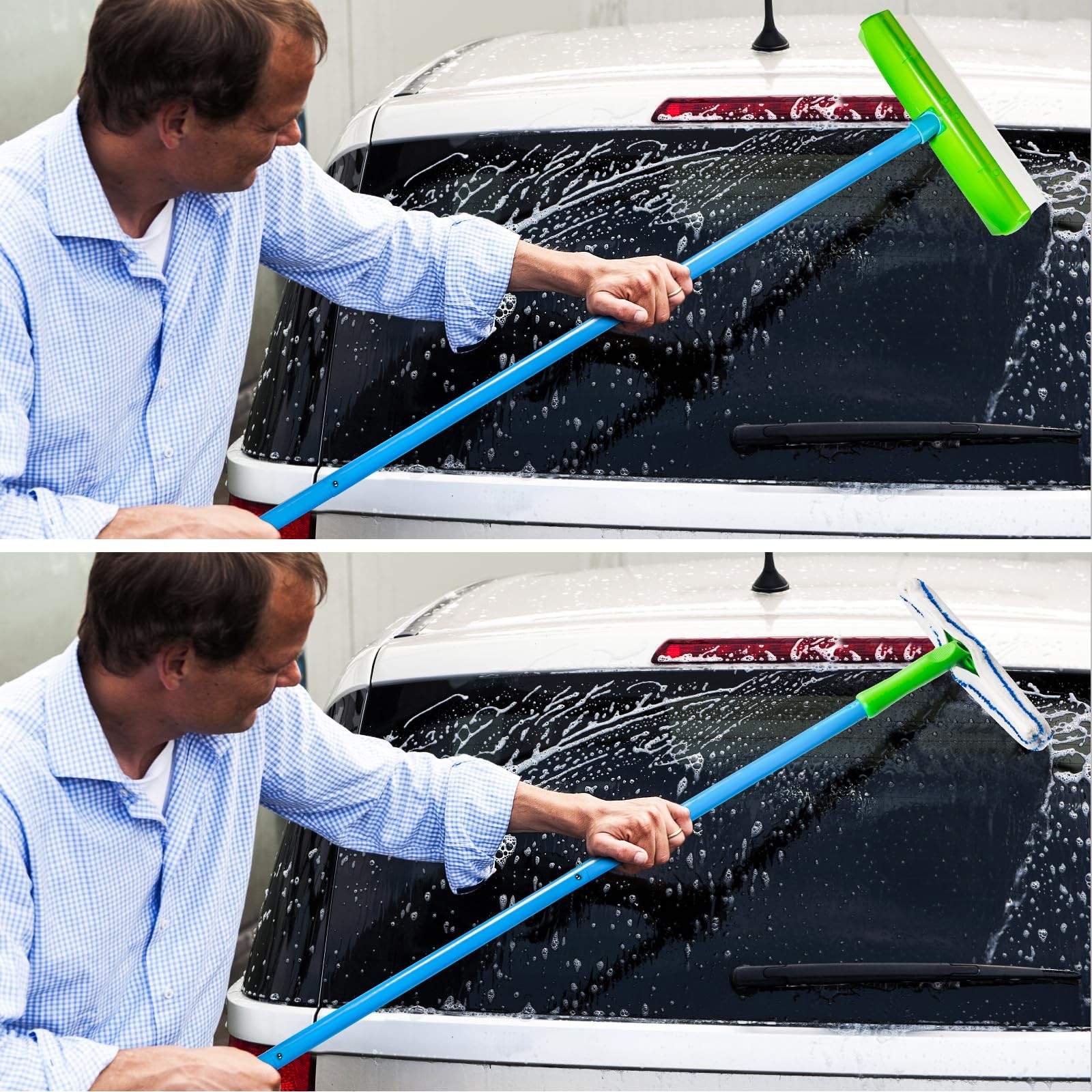 Flexible Silicone Squeegee T-Bar Water Blade Microfiber Scrubber with Long Ha…