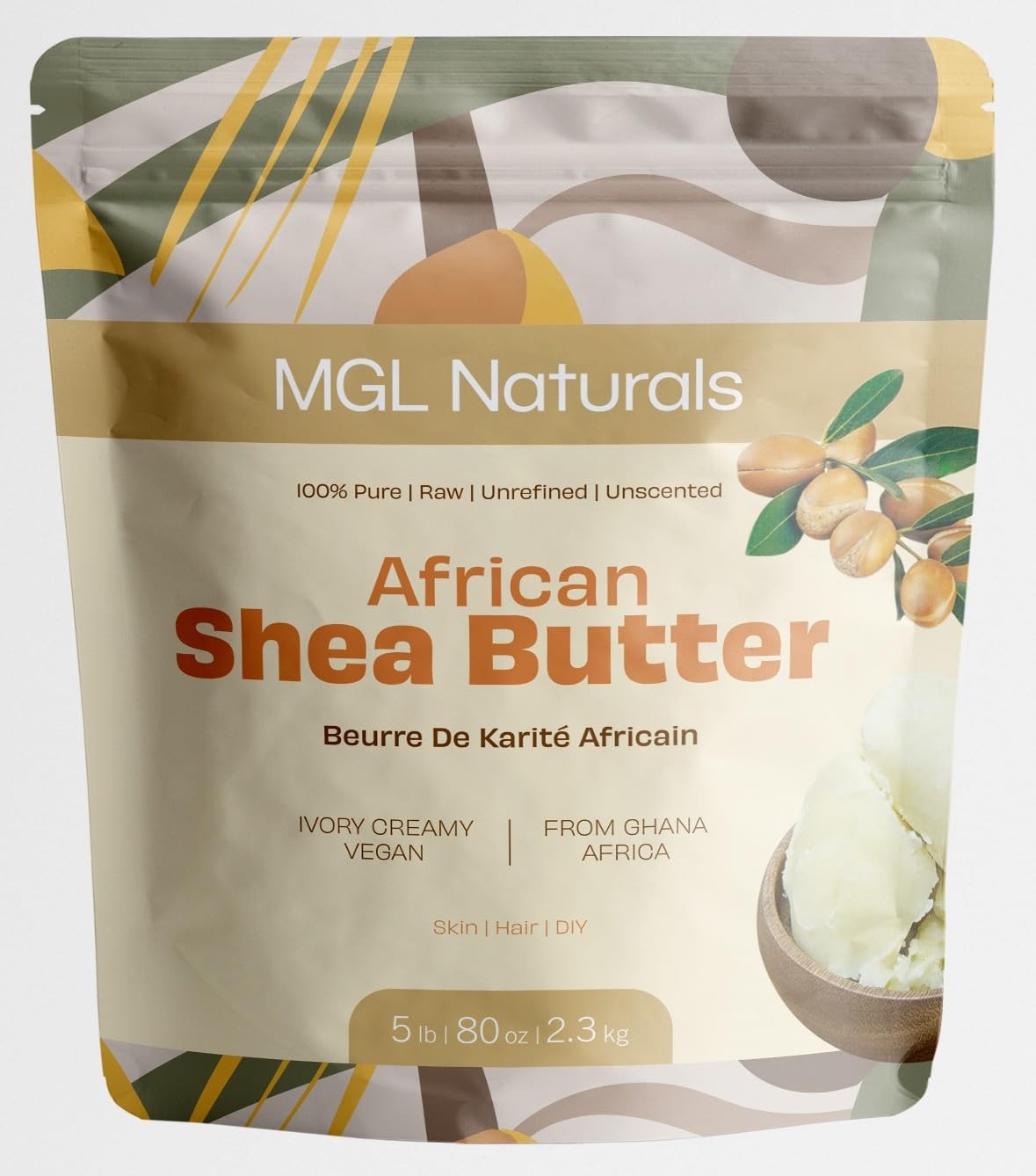 MGL Naturals Raw African Shea Butter Ivory 5 lb, 100% Pure and Unrefined. Nour