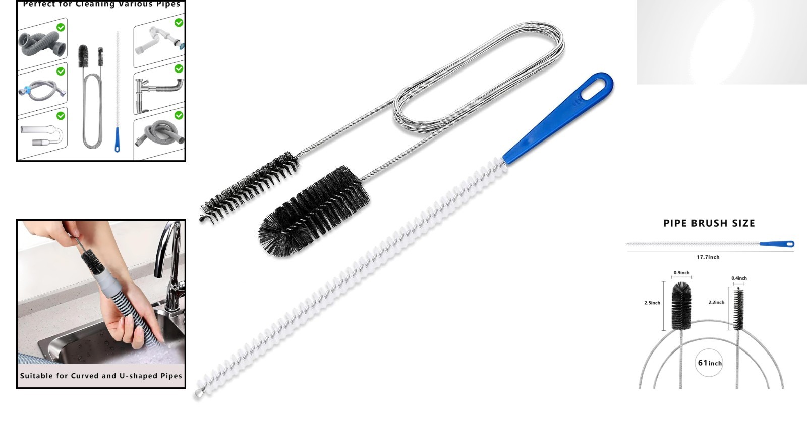 Dual-Sided Drain Unblocker Brush Set for Kitchen and Bathroom – 61” & 17.7”