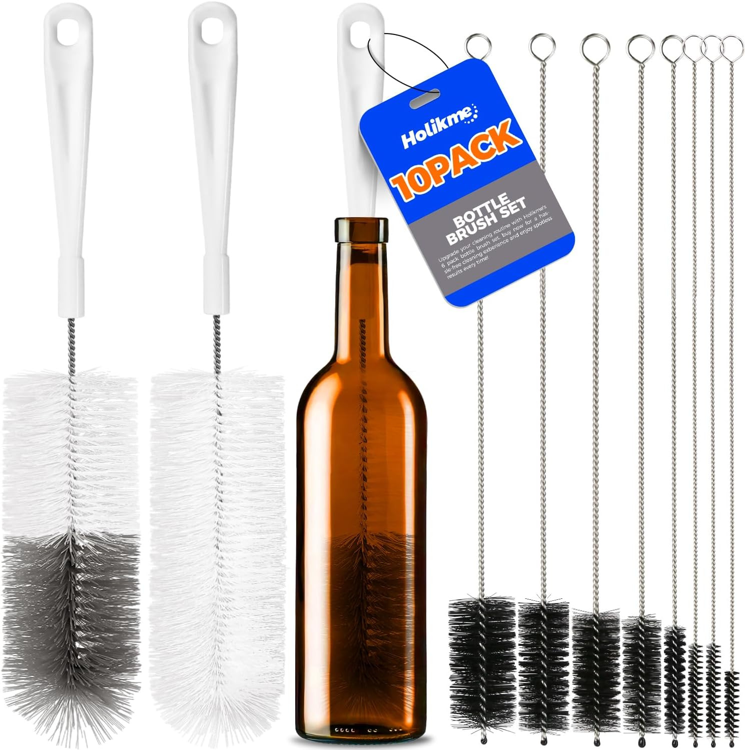 Holikme 10 Pack Bottle Brush Cleaner Set, 15″ Long Handle Bottle Cleaner Brush,