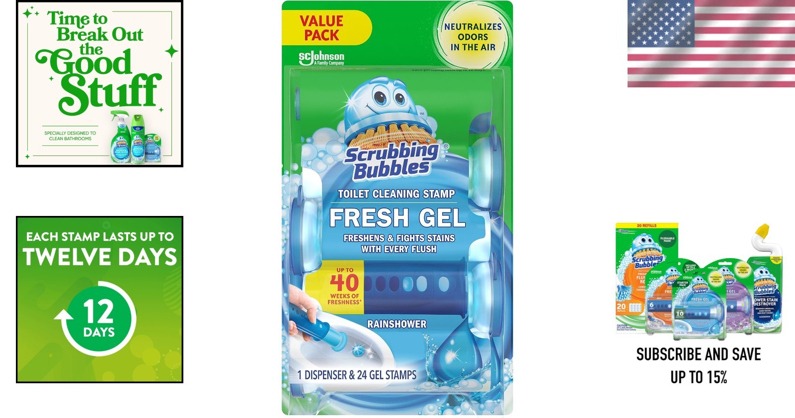 Effortless Toilet Freshening with 24 Gel Stamps, Rainshower Scented Cleanliness