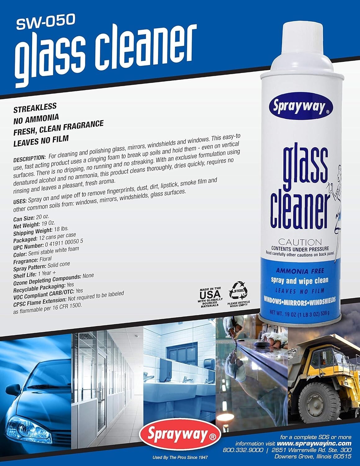 Streak-Free Foam Aerosol Glass Cleaner – 19oz, 12 Count for Professional Results