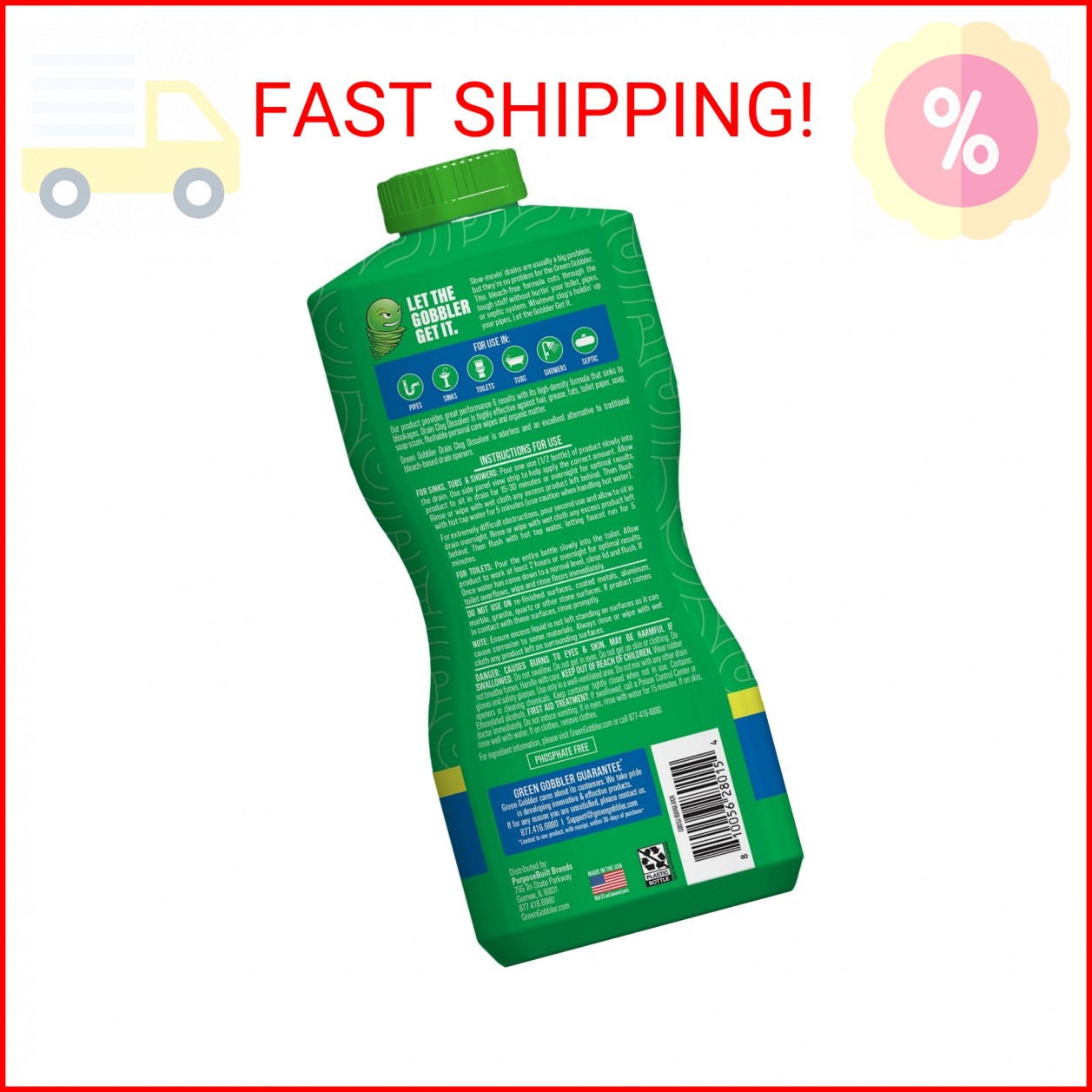 Green Gobbler Drain Clog Dissolver, Drain Opener-Cleaner ,Toilet Clog Remover, 3