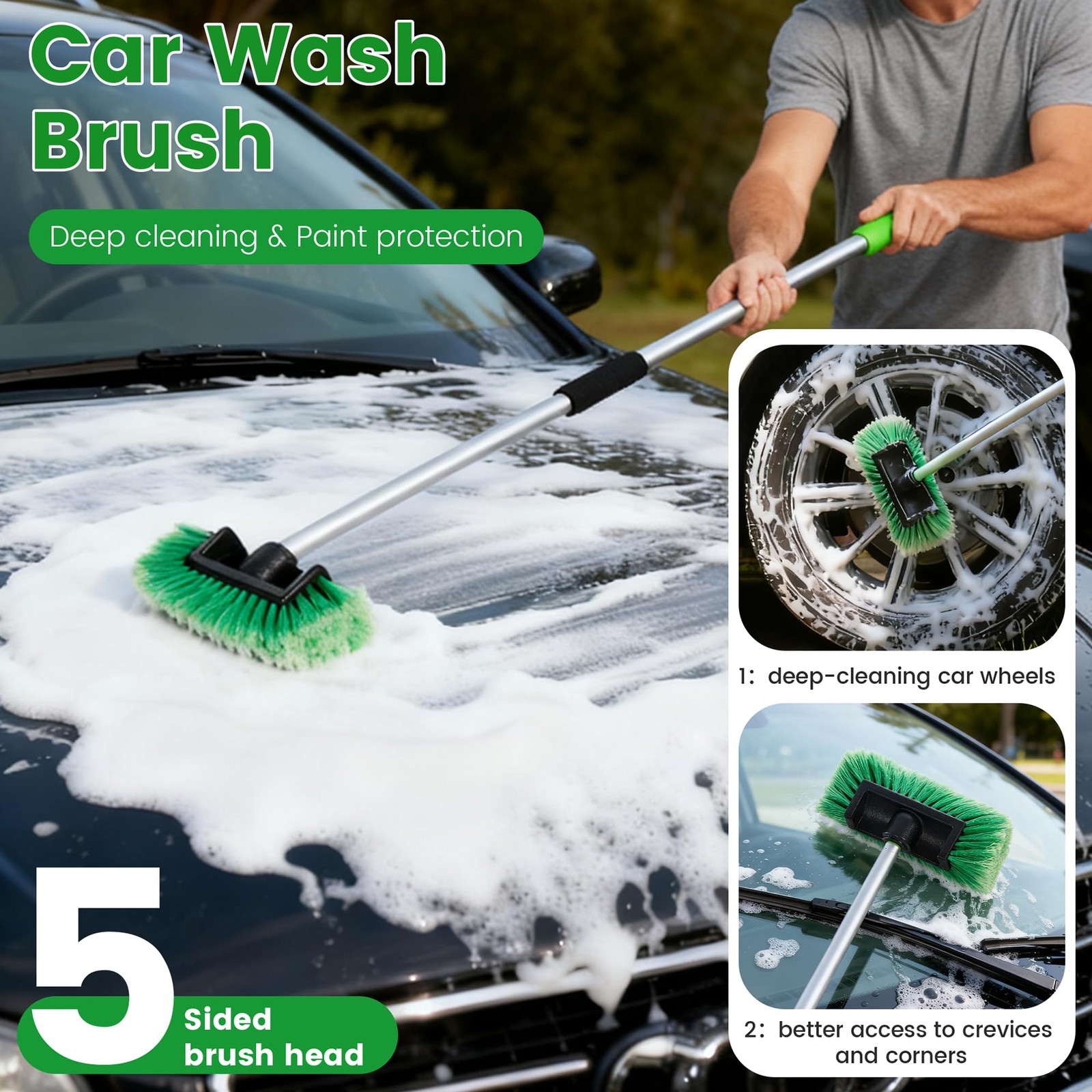 Car Wash Brush with Long Handle, 60” Soft Bristle Cleaning Brush, Car Cleani…