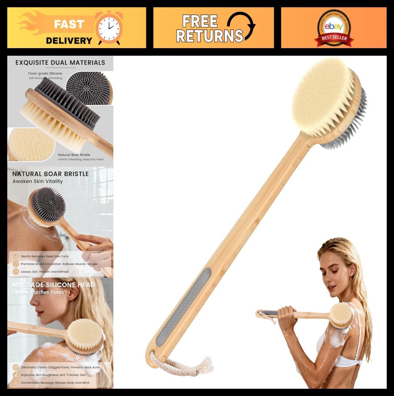 Double-Sided Silicone Back Scrubber – Long Bamboo Handle, Deep Clean & Exfoliate