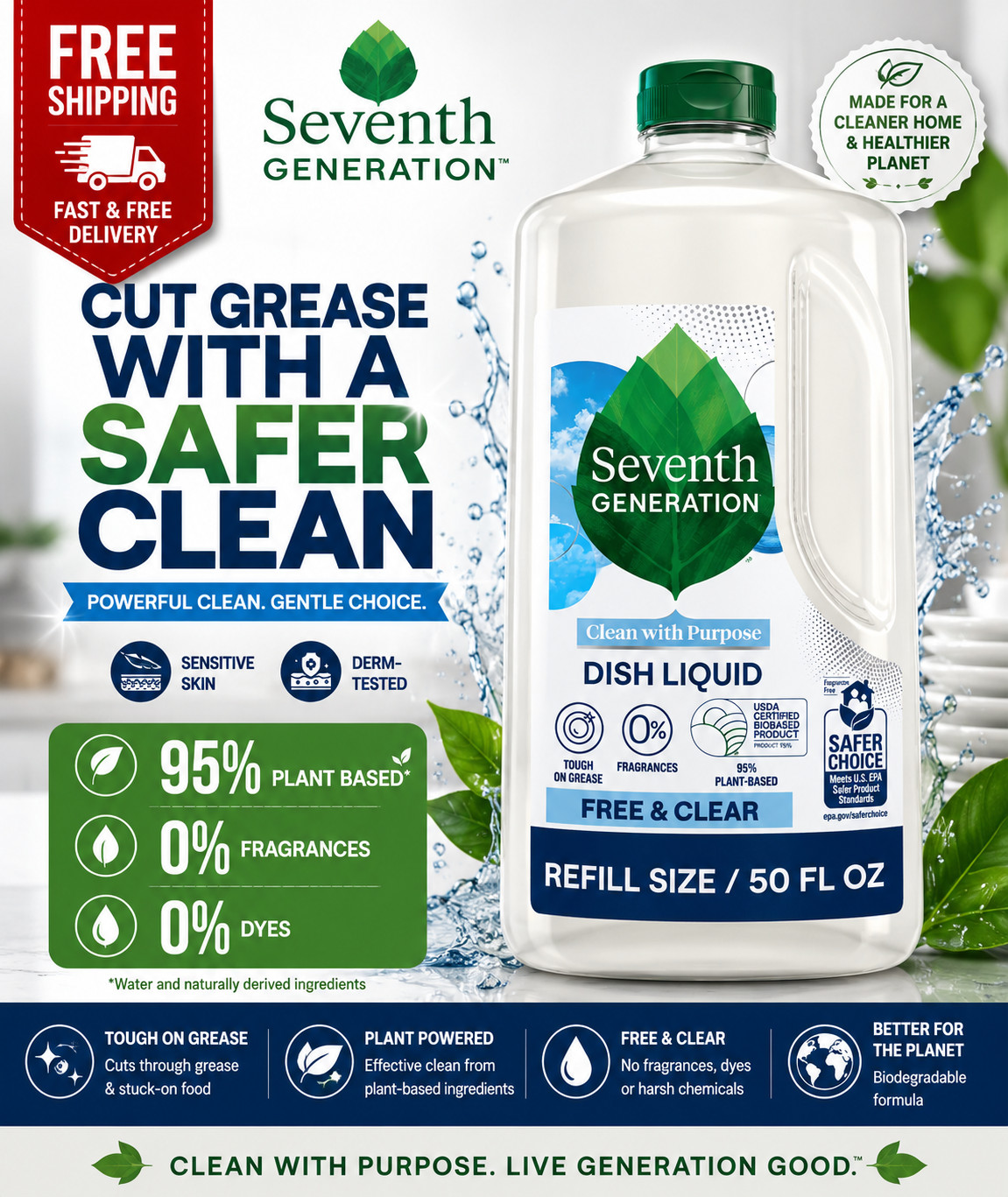 Seventh Generation Dish Soap Liquid, Fresh Free and Clear, 50 fl oz Refill