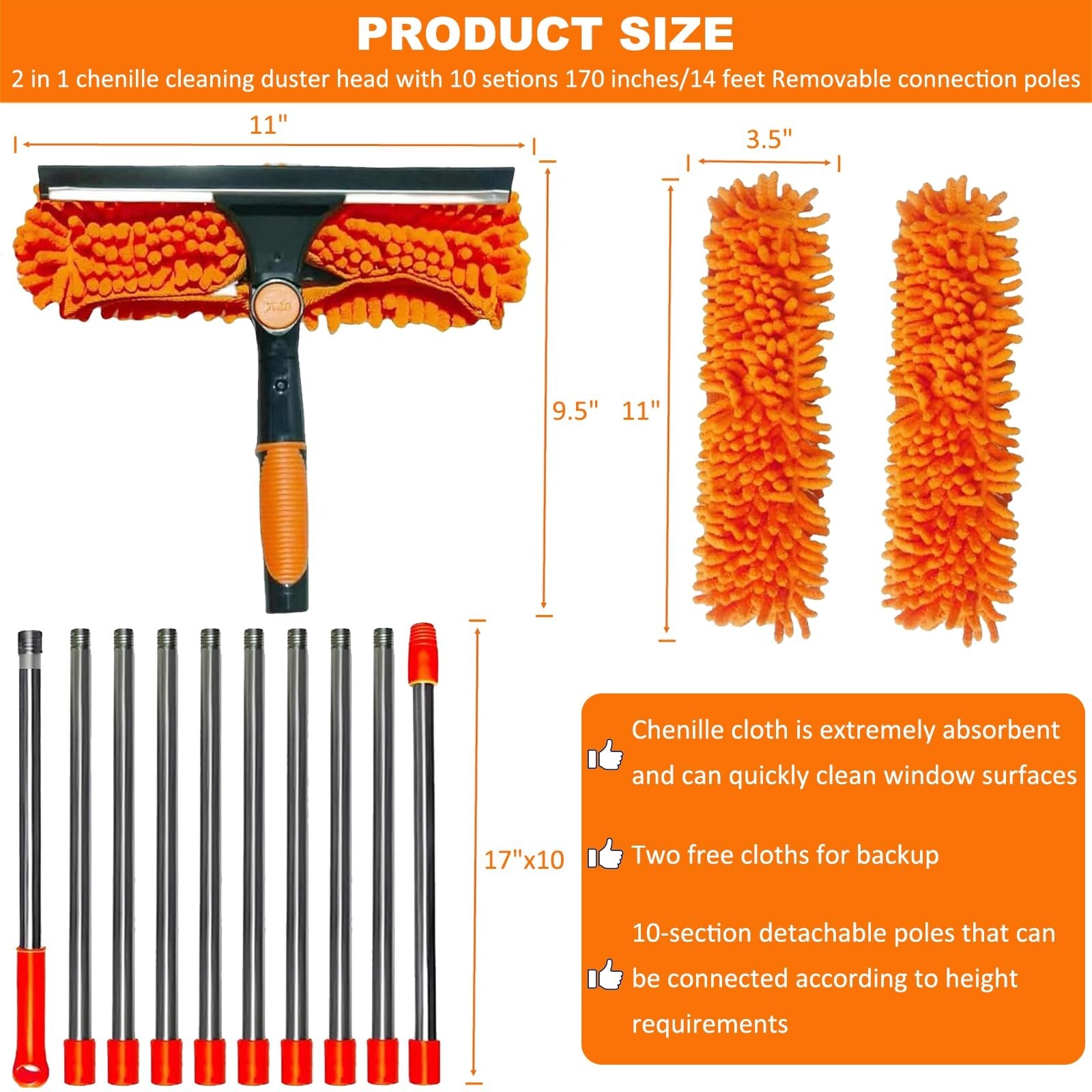 20+ Feet Reach 2 in 1 Window Washing Squeegee & Duster with 3-14 ft Spliceabl…