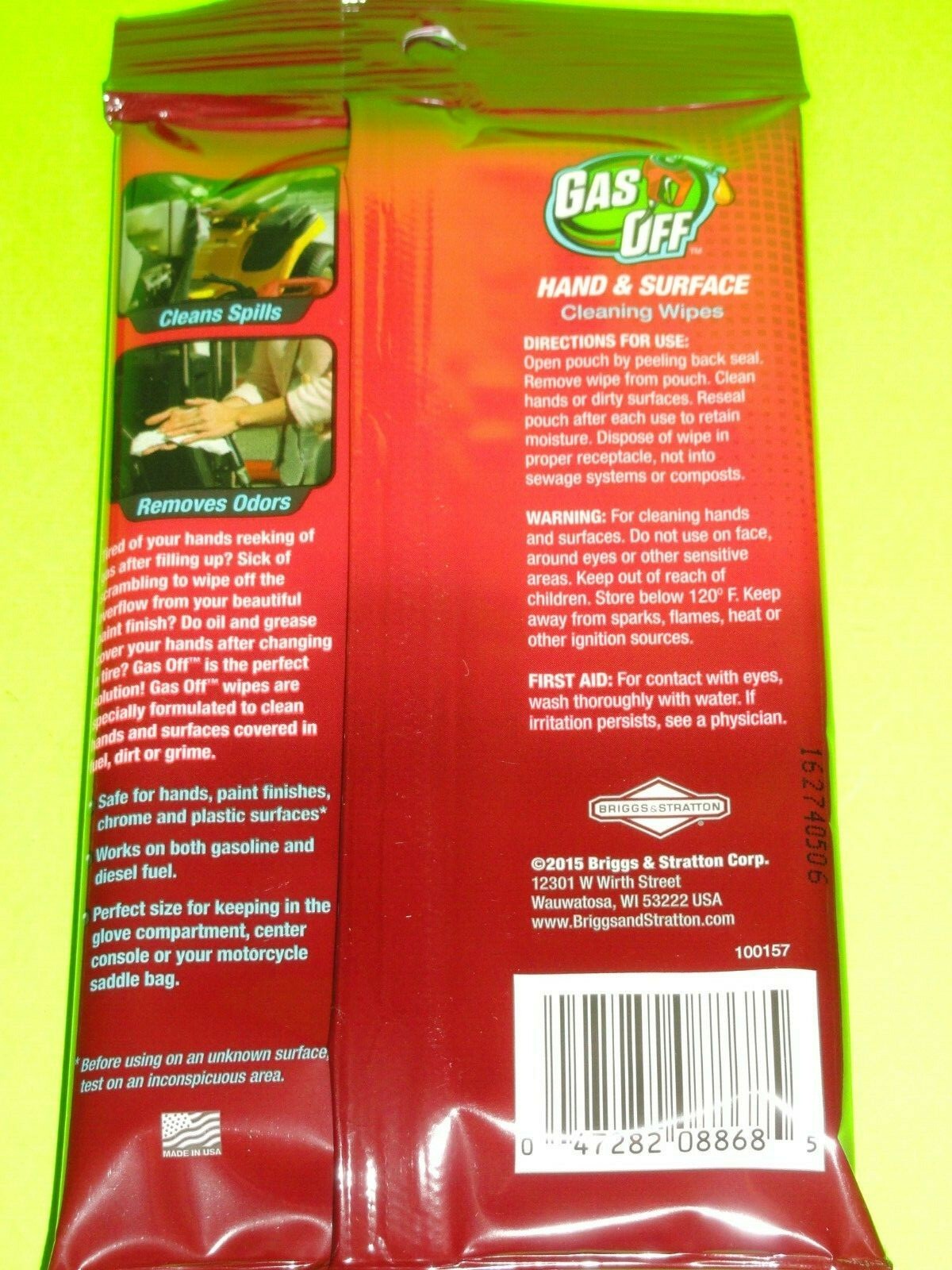 11x 15 Pk= 165 Briggs & Stratton Gas Off Hand/Surface Cleaning Wipes Linen Scent