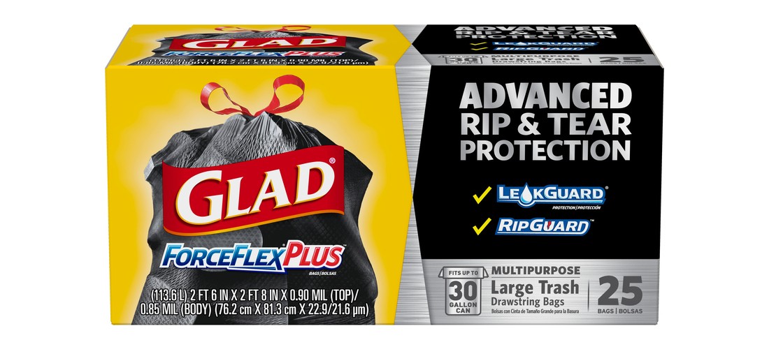 GLAD 70359 Trash Bags ForceFlex Plus 30 gal Drawstring 25 pk 0.9 mil Black