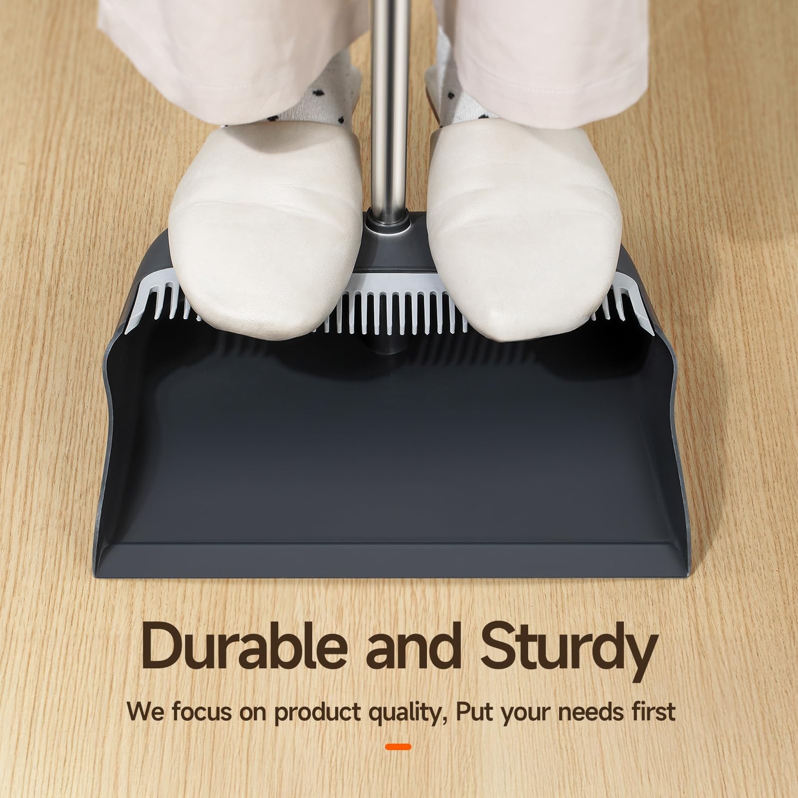 CTIME Broom and Dustpan Set, Extra Brush Head & 51.6″ Adjustable Black, Gray