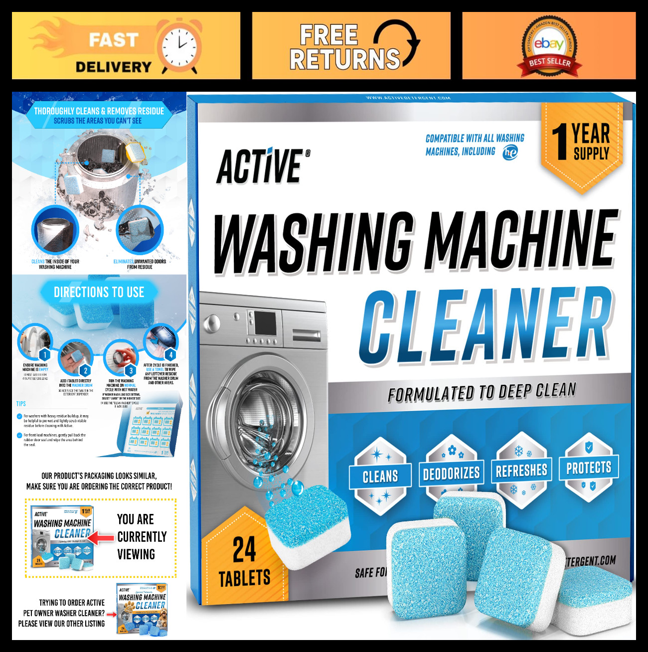 Washing Machine Cleaner Tablets – 24 Pack Deep Clean for HE & Top Load Washers,