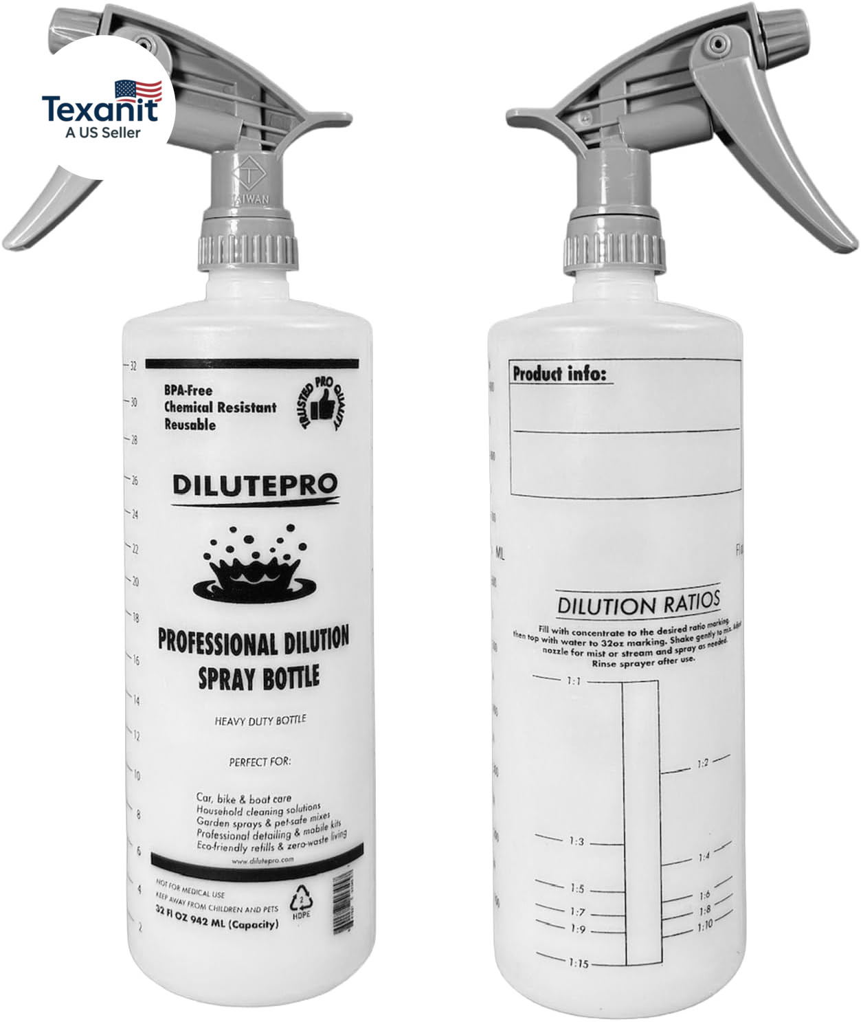 32Oz Dilution Spray Bottle with Printed Mixing Ratios – Chemical Resistant, Heav