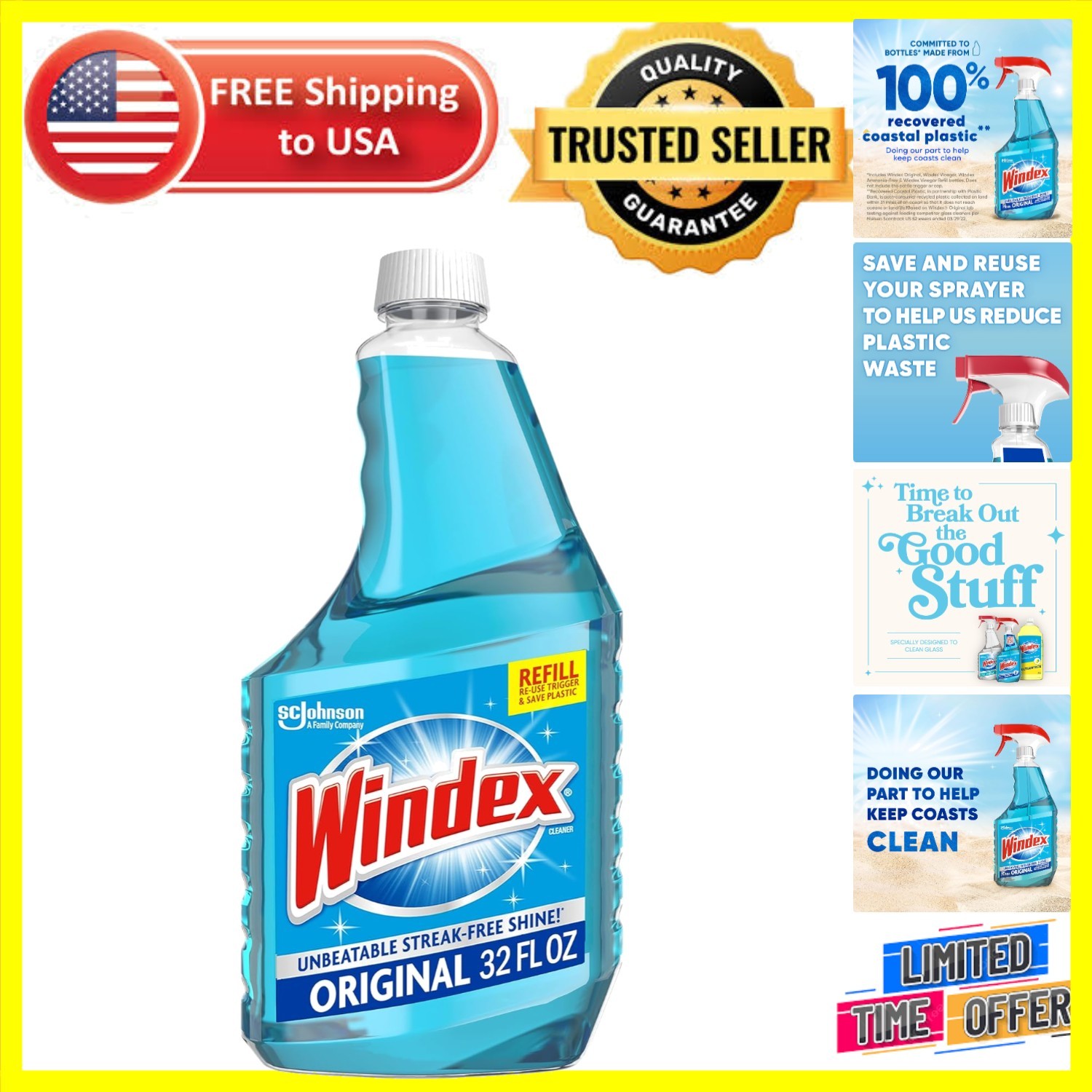 Streak-Free Glass Cleaner – 32oz Eco-Friendly Solution with Blue Scent