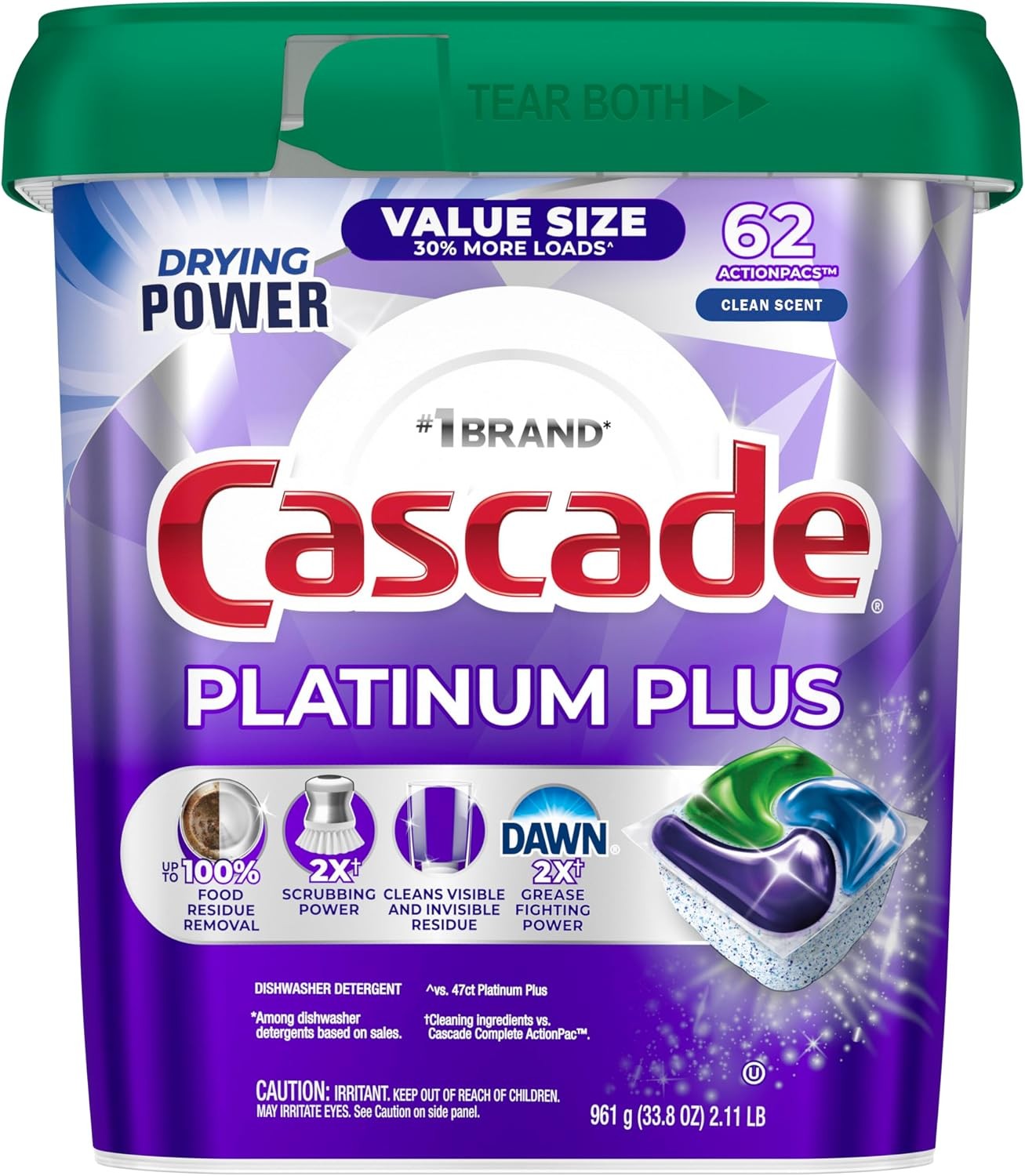 Cascade Platinum Plus Dishwasher Pods, Dish Detergent Soap, Clean Scent, 62 Coun
